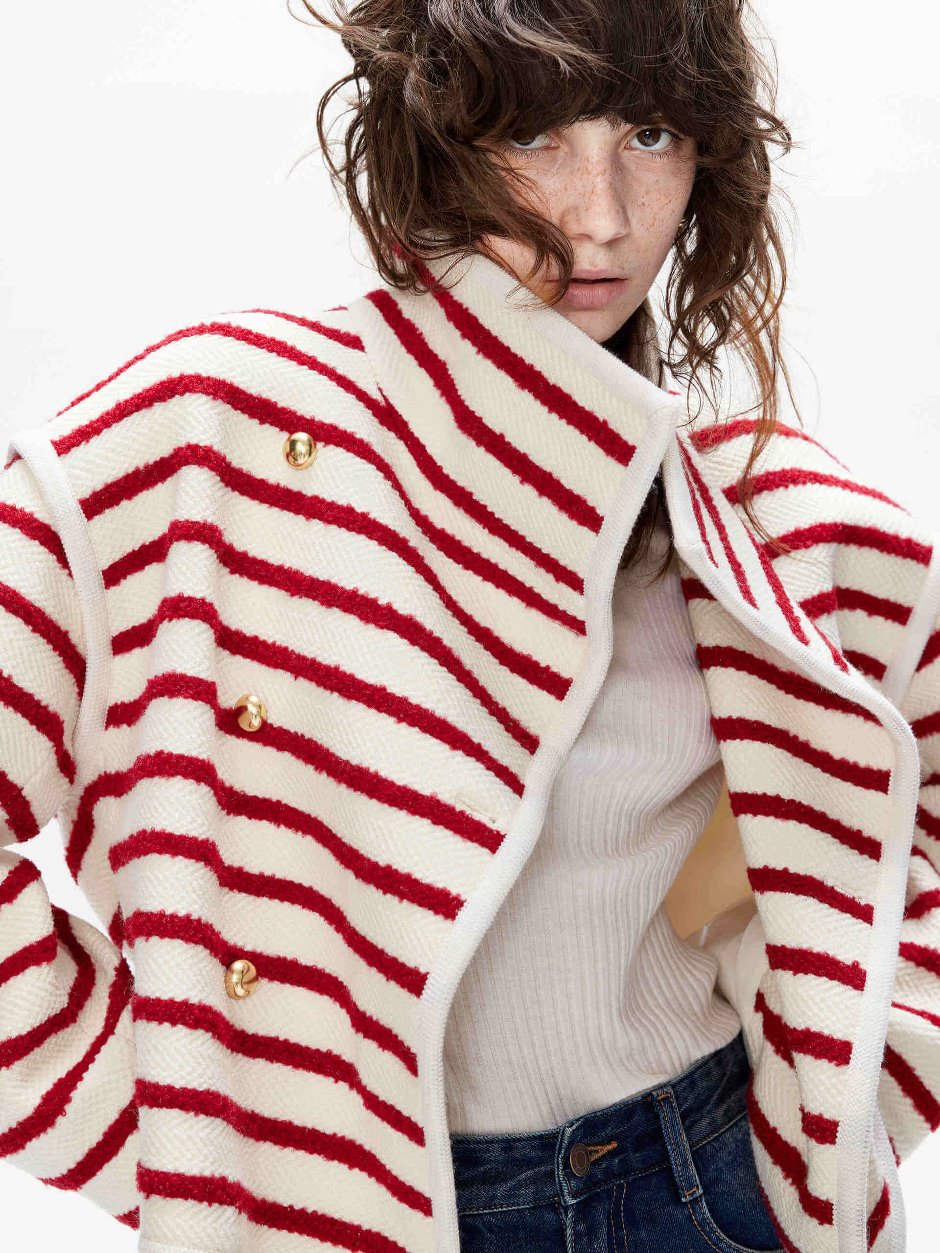 Funnel Neck Stripe Coat Eco Friendly Fabric