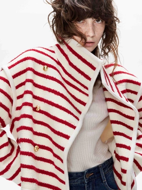 Funnel Neck Stripe Coat Spring Layer Mark Style