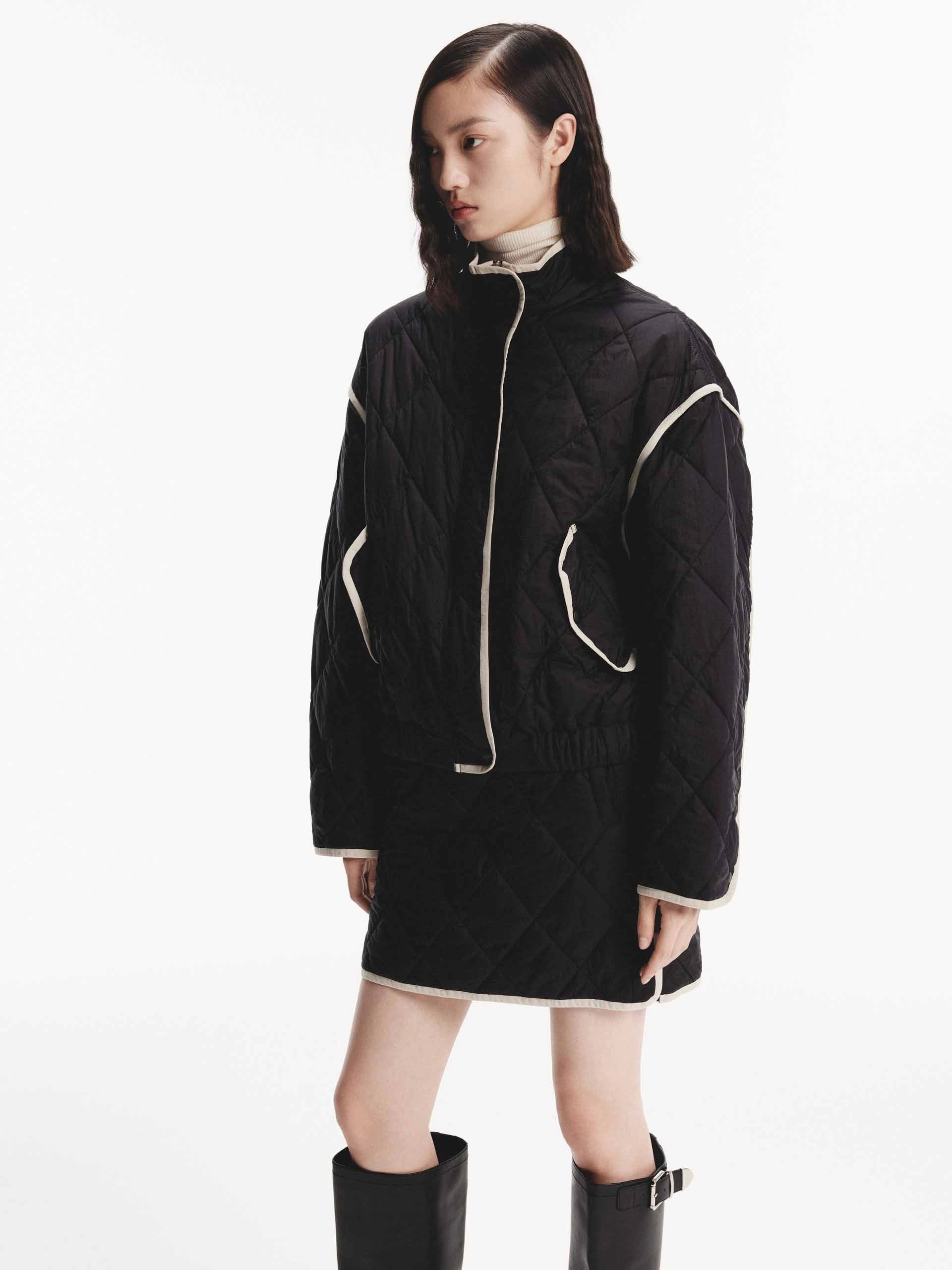 Contrast Trim Quilted Coat Nylon Shell Construction