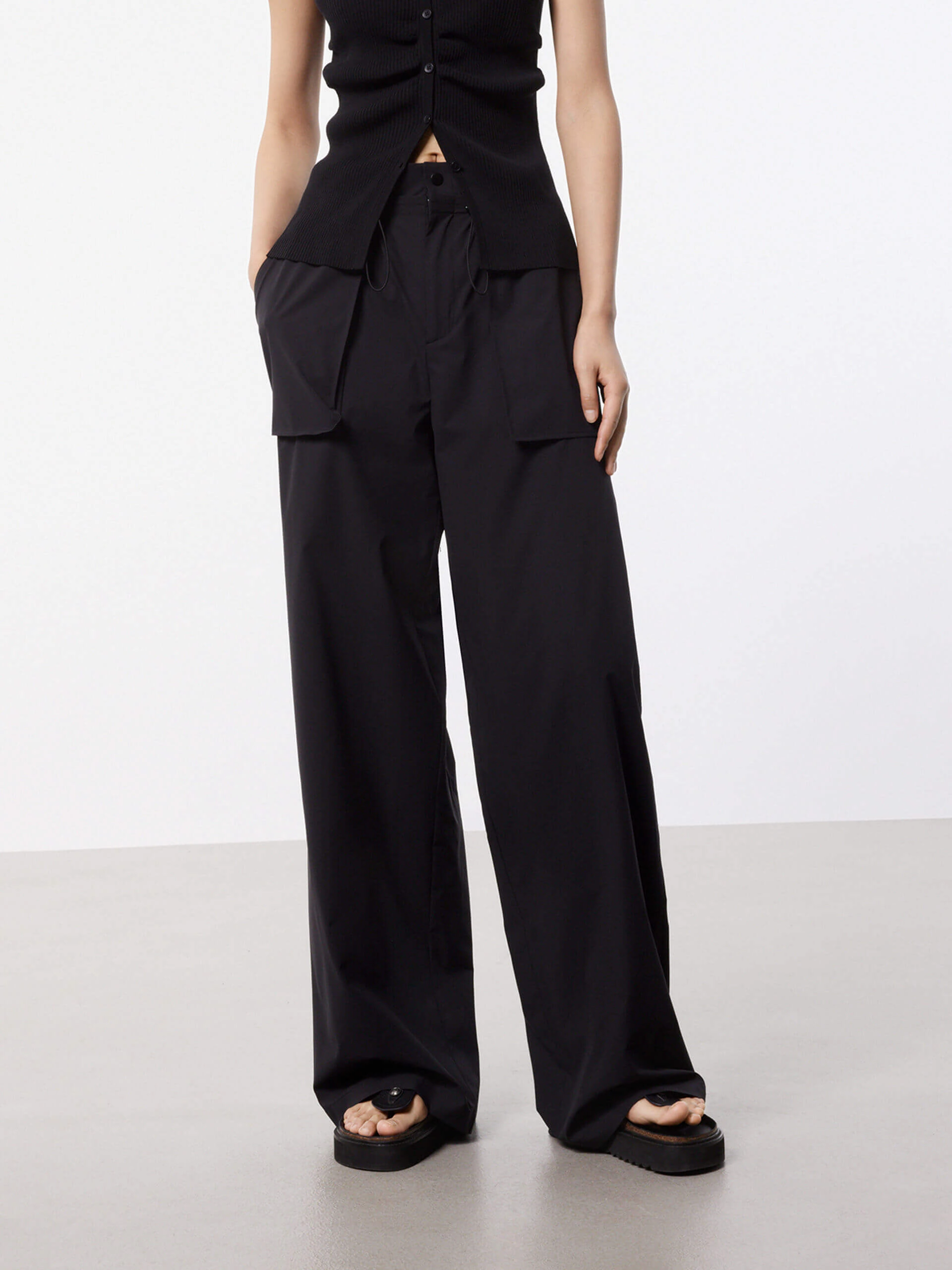 high waisted Stretch Waist Drawstring Detail Pocket Pants