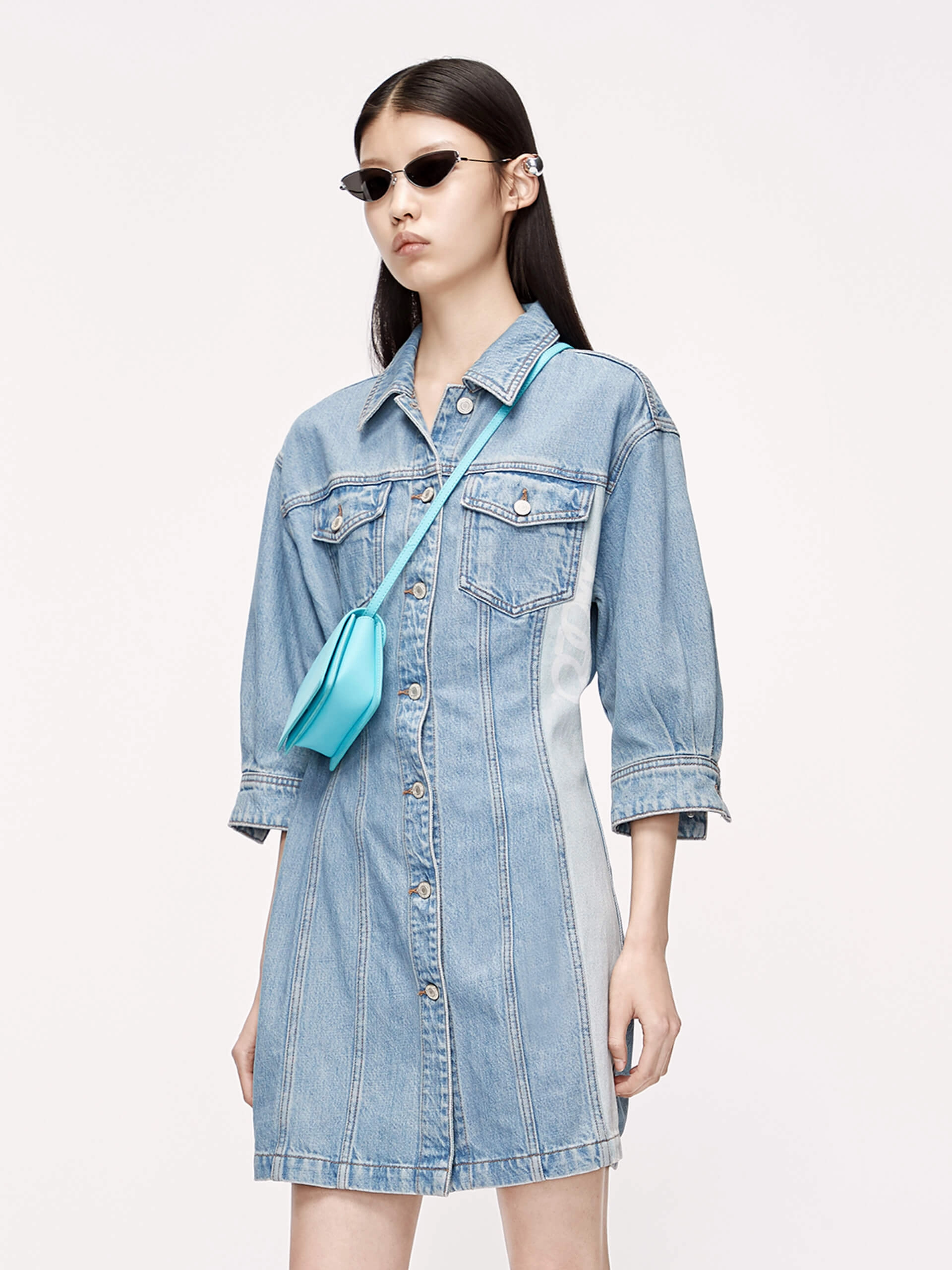Contrast Buttoned Denim Dress Sunny Lace Fold-Over-Detail