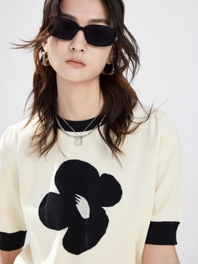Contrast Crew Neck Knit Top AbrasionResistant Fabric Casual Blouse