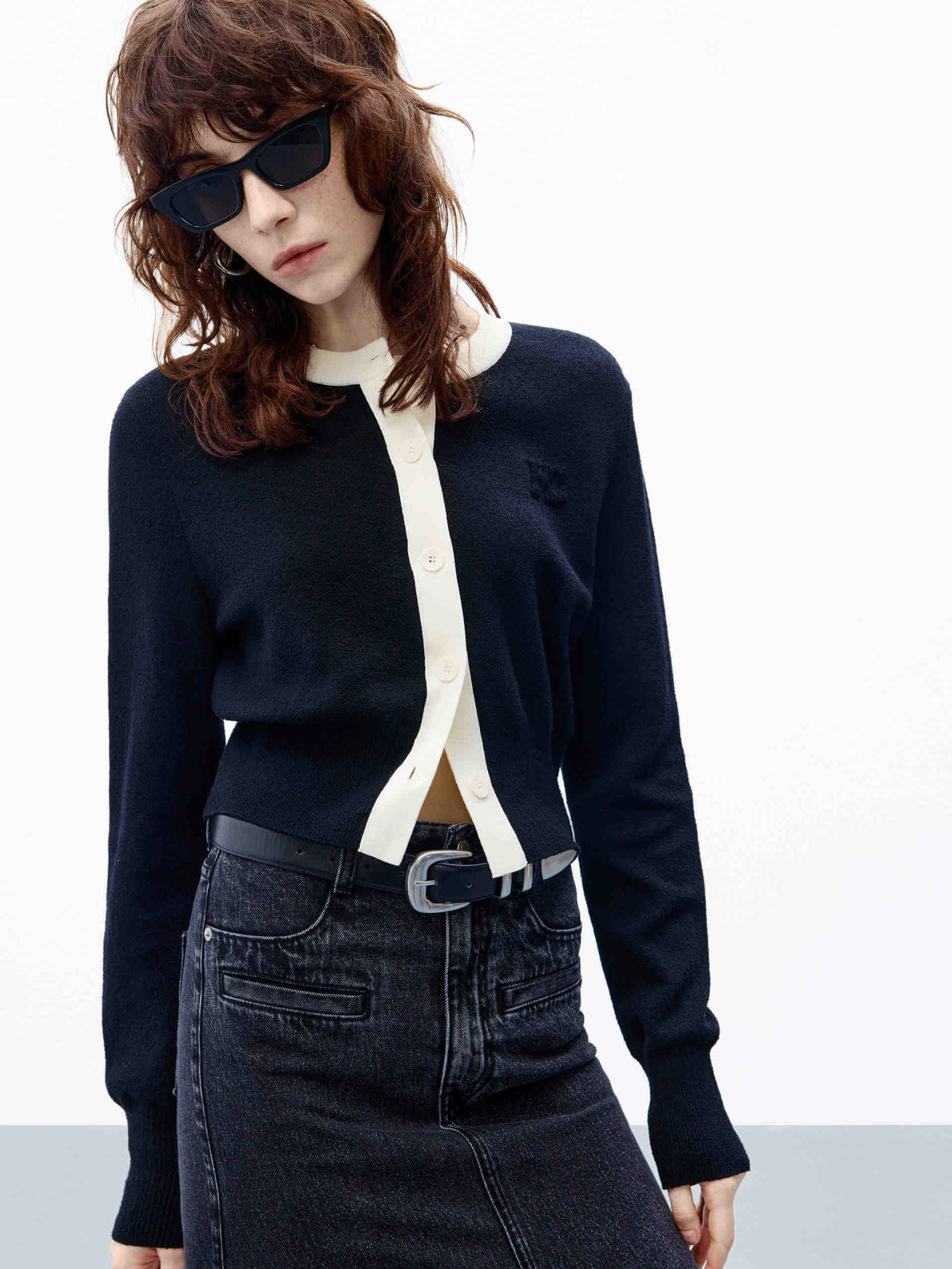 Contrast Details Cropped Cardigan Reinforced Hem SoftFeel Fabric