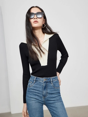 Contrast Lapel Collar Knit Top Reversible design AdjustableClosure