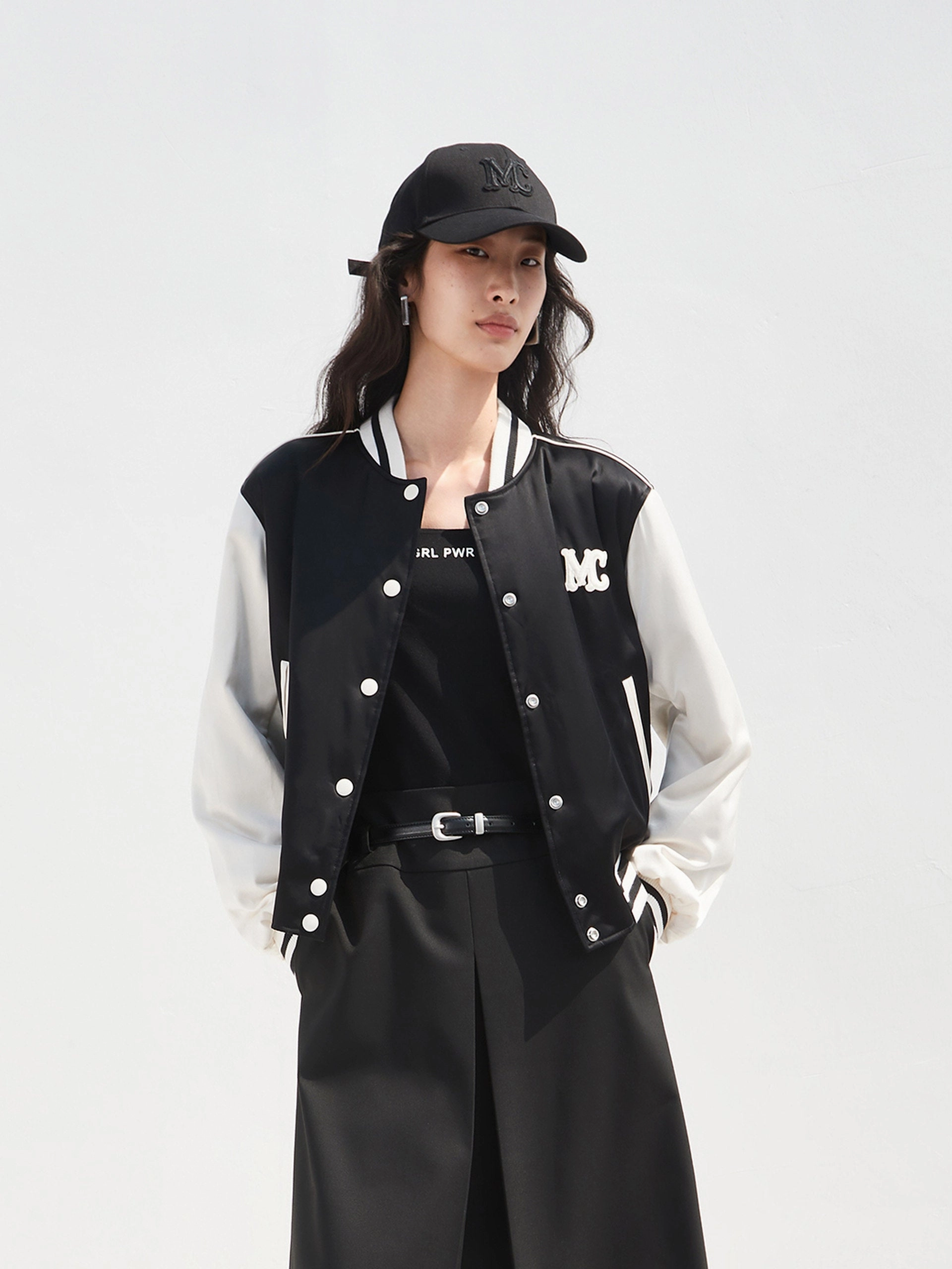 DoubleStitched Hemming Contrast Logo Baseball Jacket