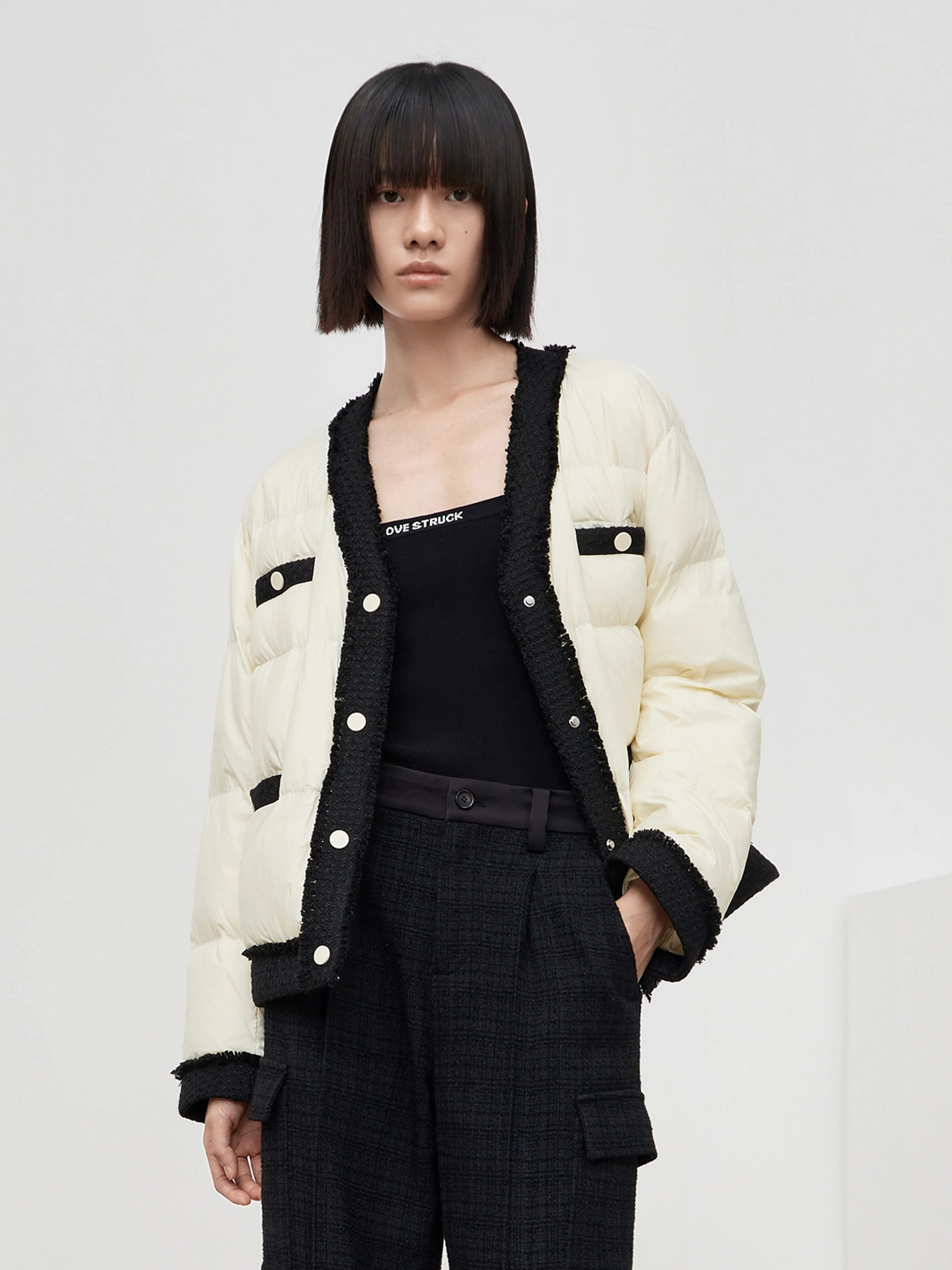 Contrast Quilted Cropped Down Jacket All Season Versatility Noise Reduciting Fabric