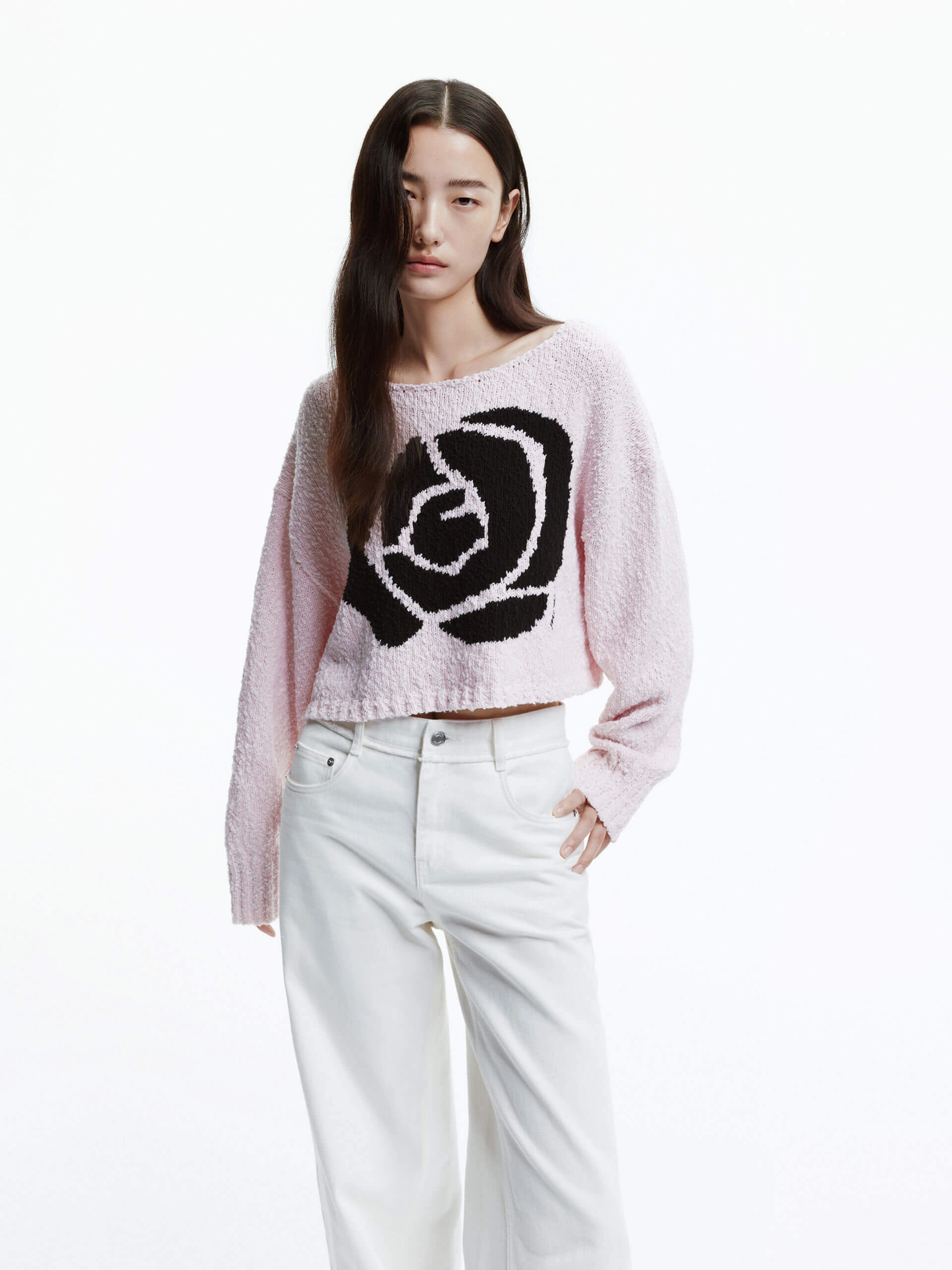 Contrast Rose Knit Sweater Comfortable clothing