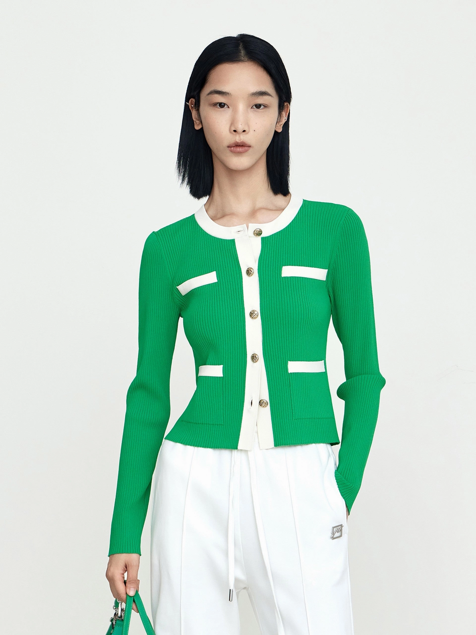 HiddenStoragePocket Contrast Stretch Knit Cardigan