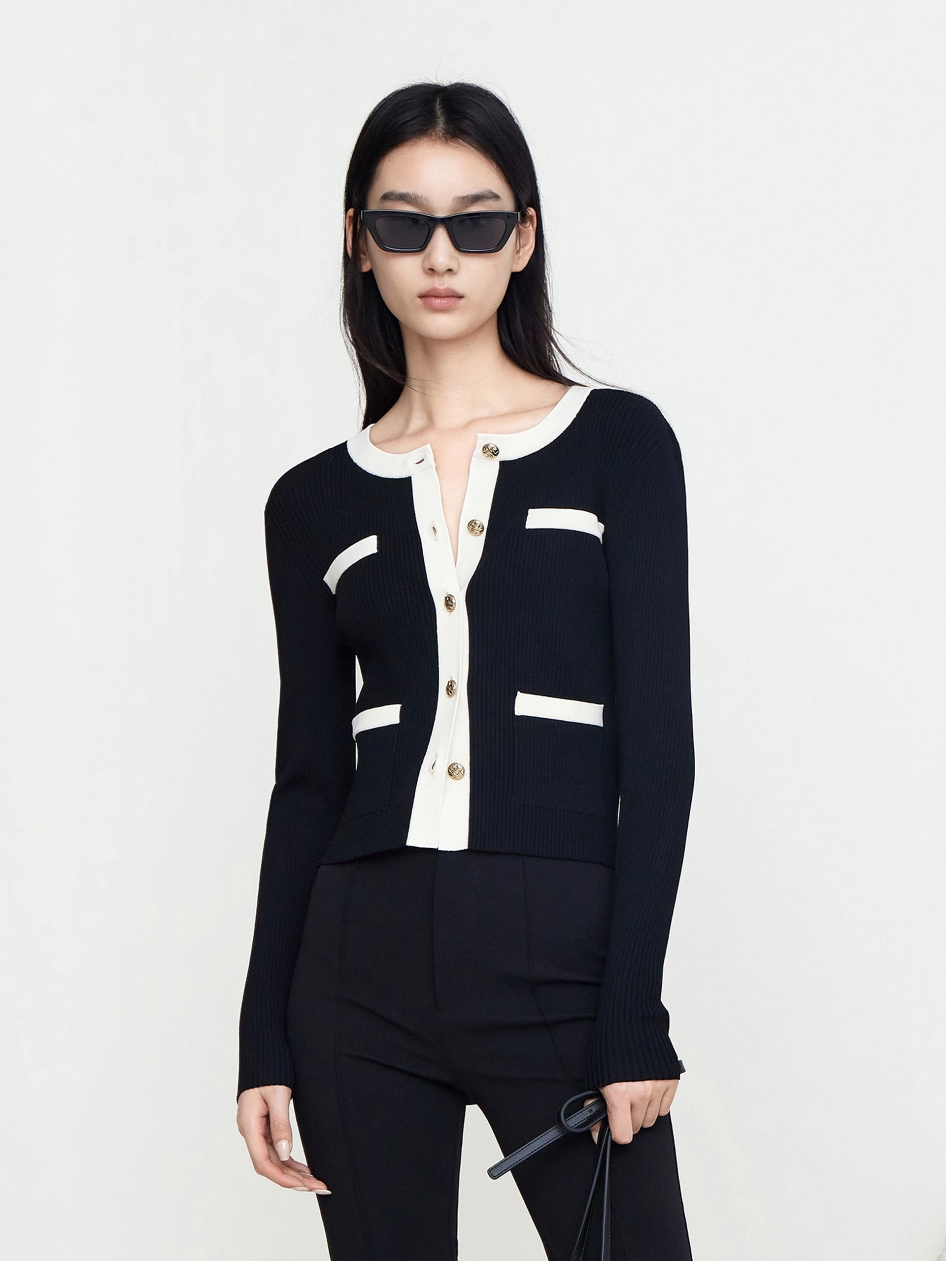 Contrast Stretch Knit Cardigan Easy Wear Ribbed collar