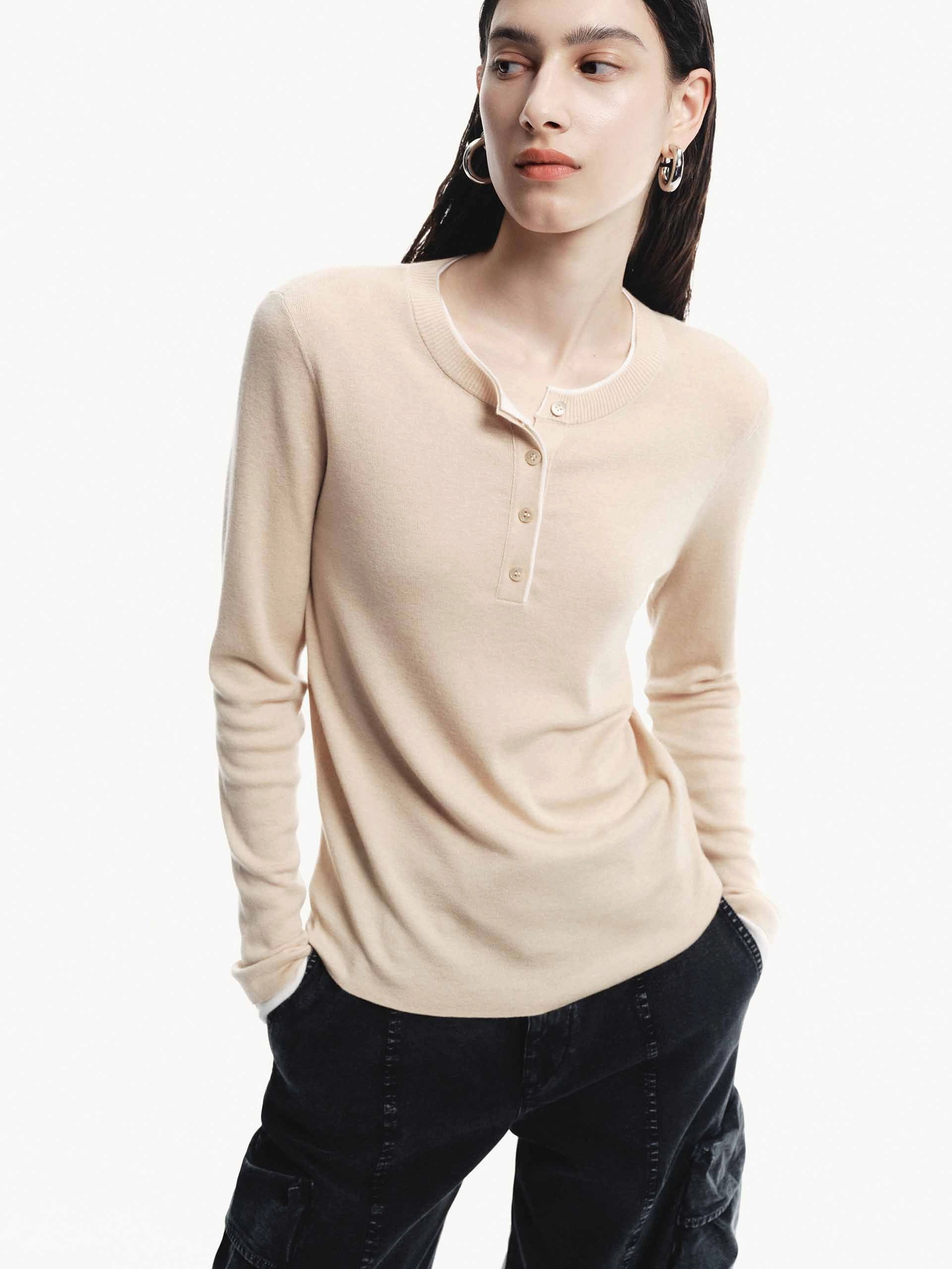Contrast Trim Knit Sweater AntiPillingSurface Biodegradable Fiber Blend