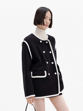 Contrast Trim Loose Coat Reflective details V-neck Blouse