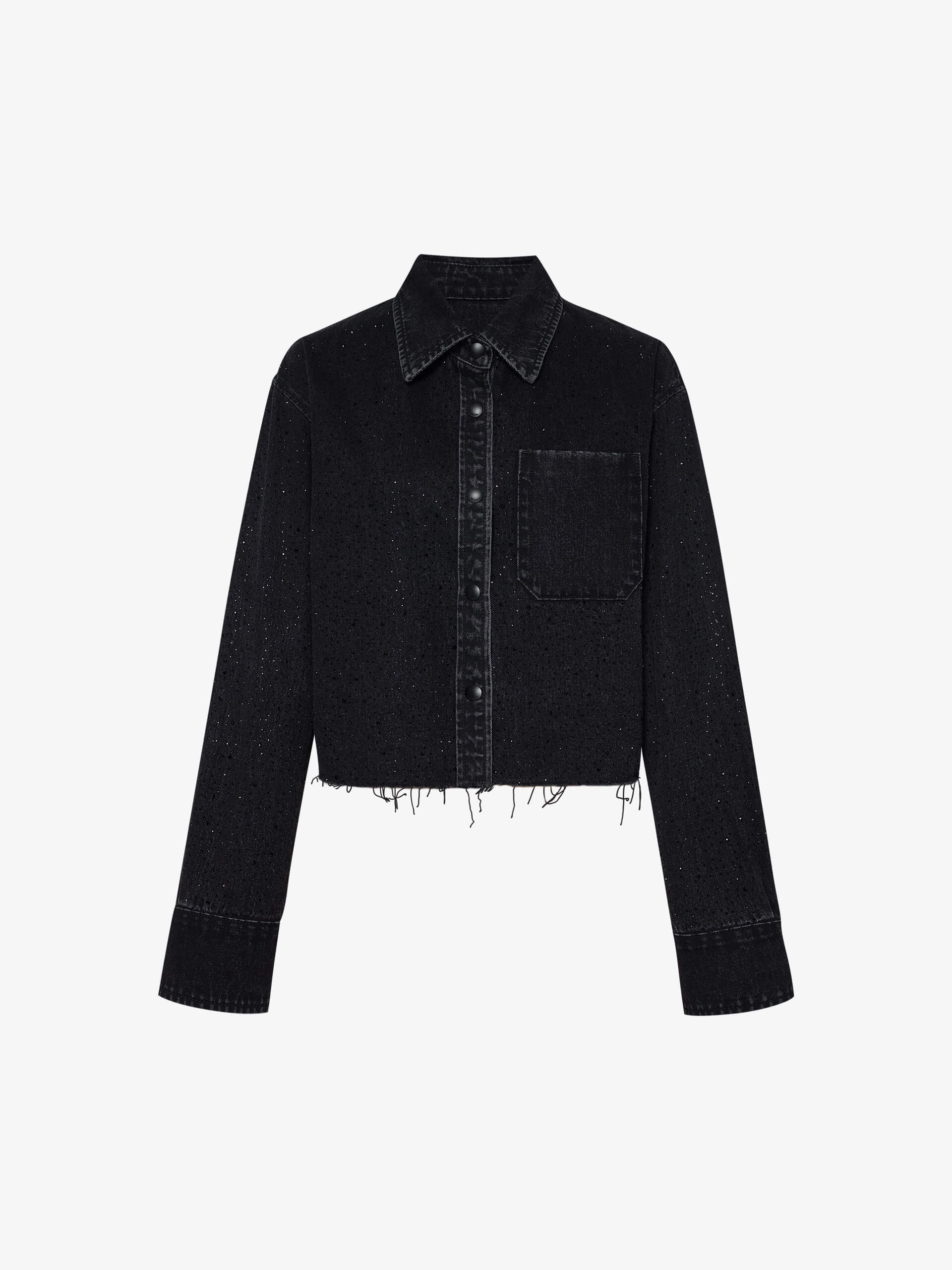 Rhinestone Detail Denim Shirt RibbedNeckline Compact Weave Fabric