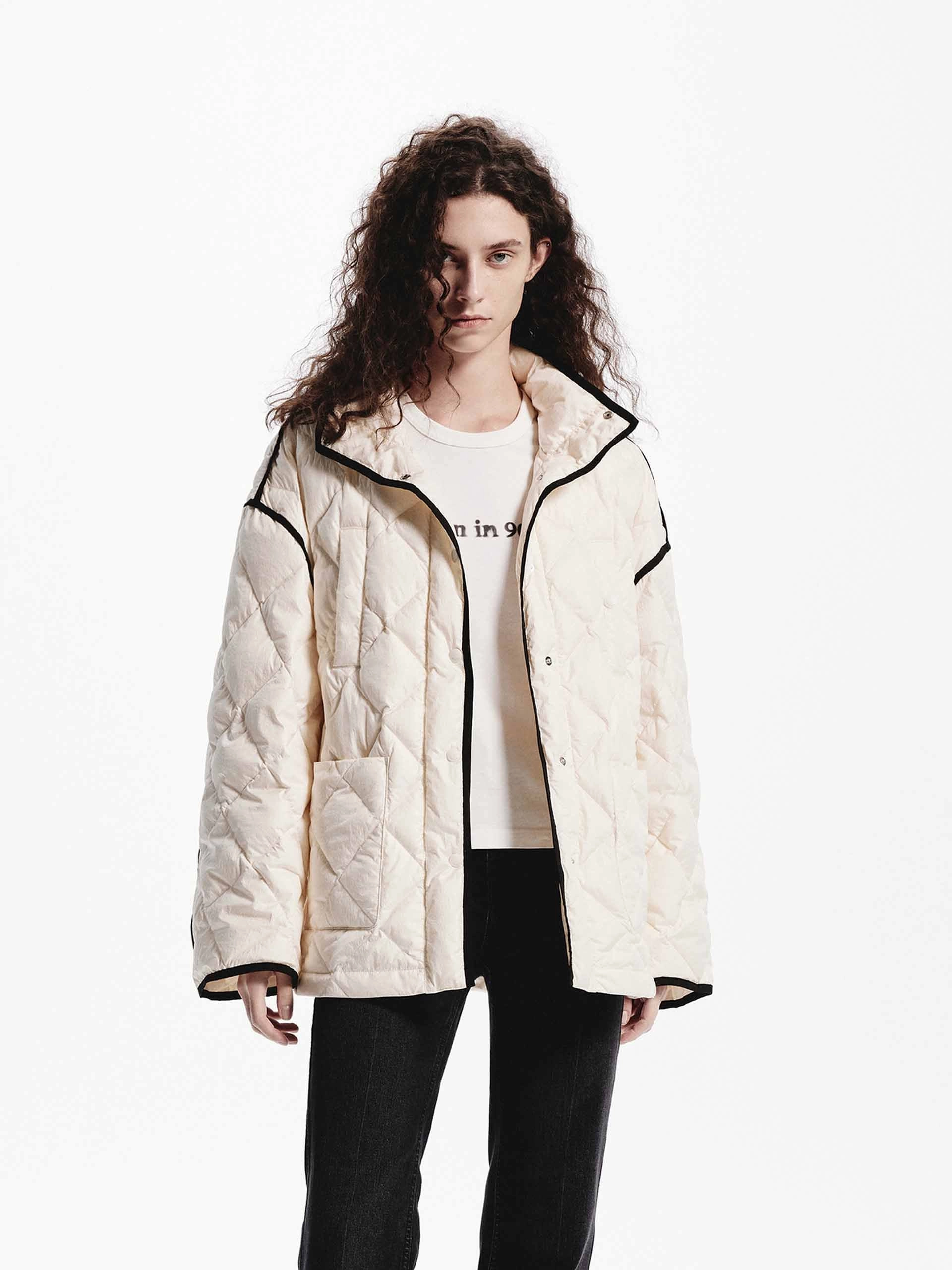 Contrast Quilted Down Jacket Dry Weather Look RibbedKnitCollar