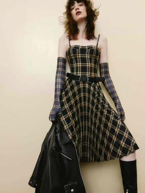 Color Pop Corset Check Pleated Cami Dress