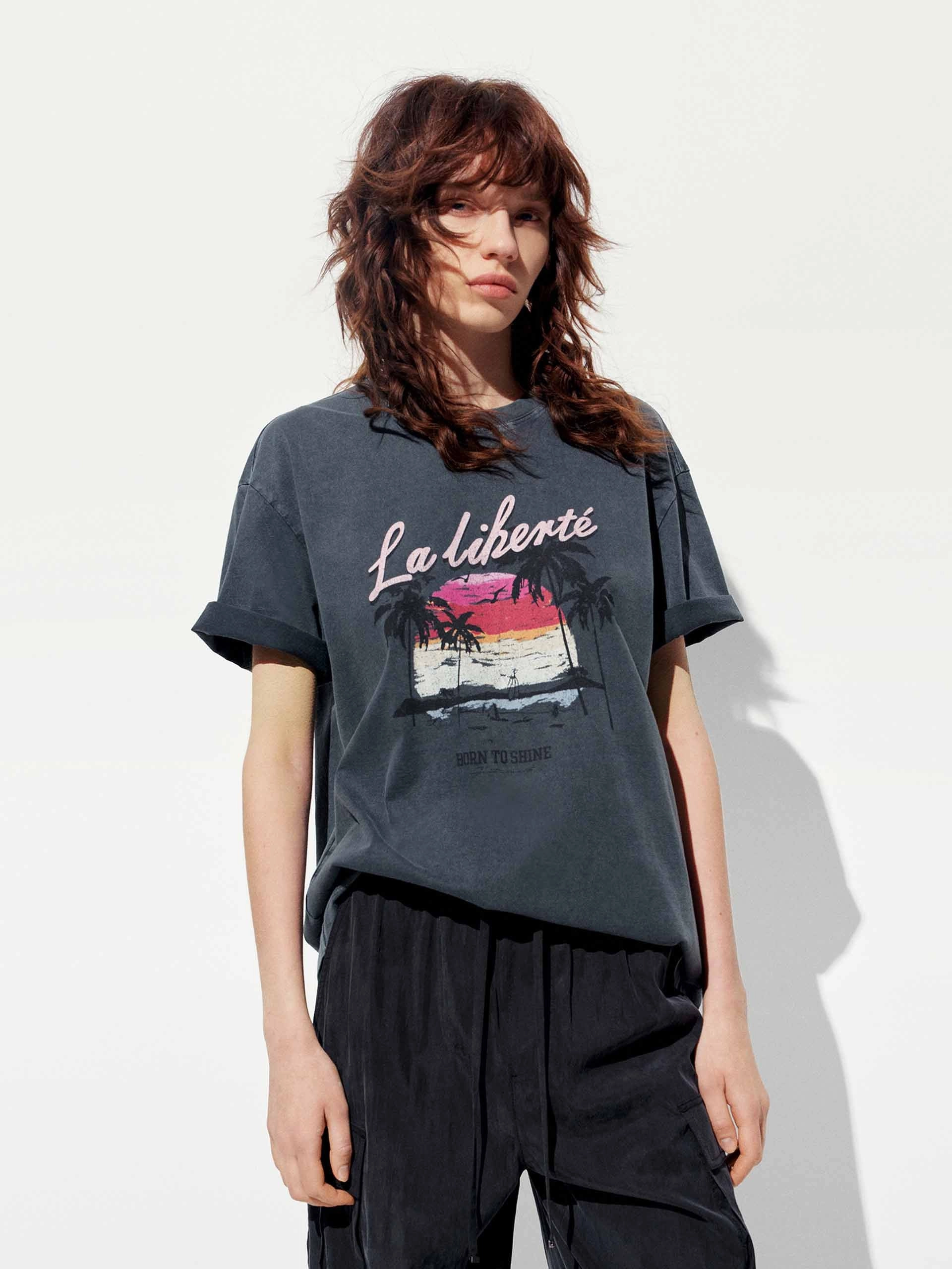 Wicking Inner Lining Cotton Beach Pattern T-shirt