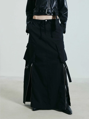 Double Needle Stitching Stretching Fit Cotton Blend Cargo Skirt