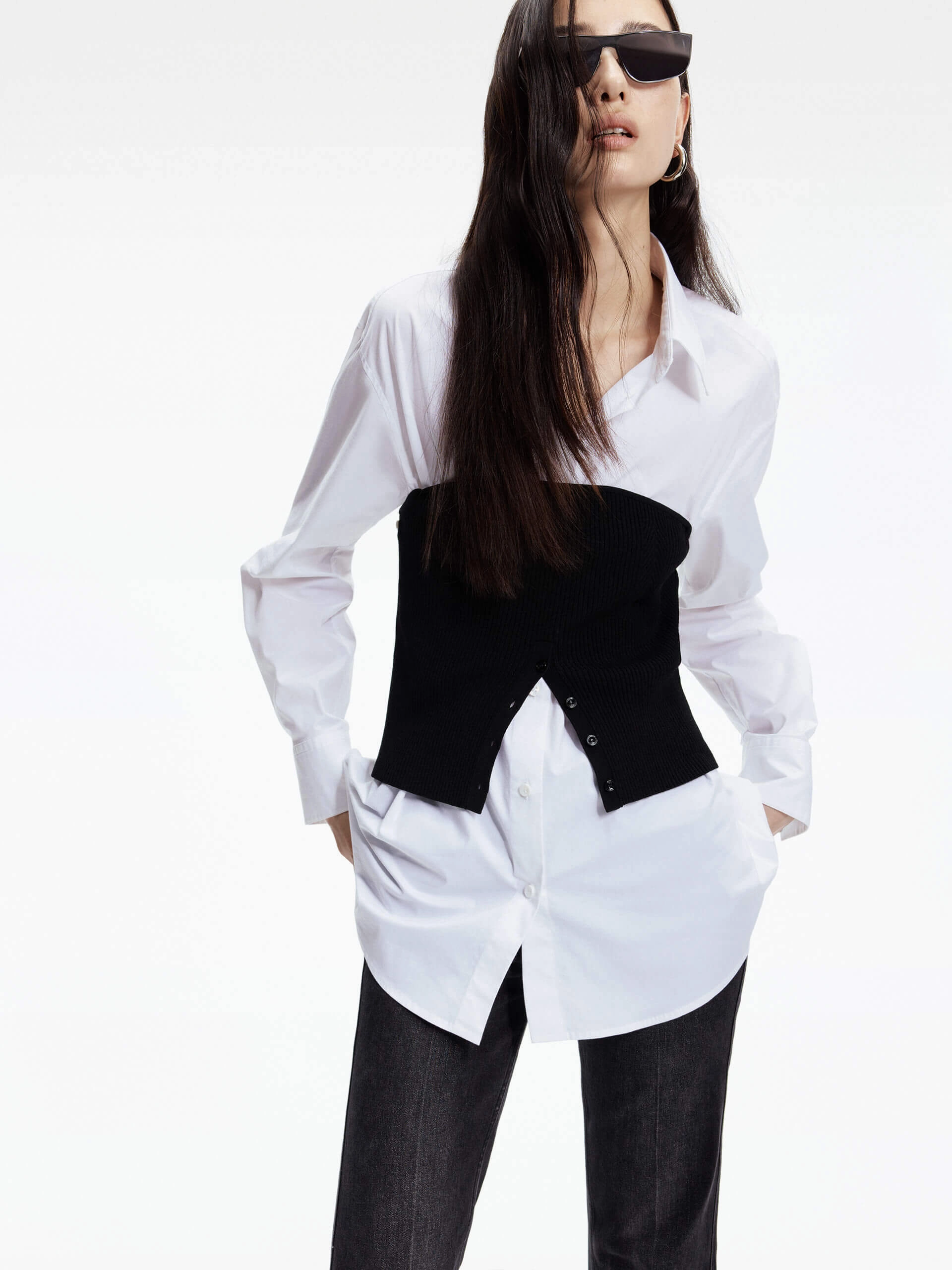 Self Fabric Tie Reflective Accent Trim Cotton Blend Classic Shirt