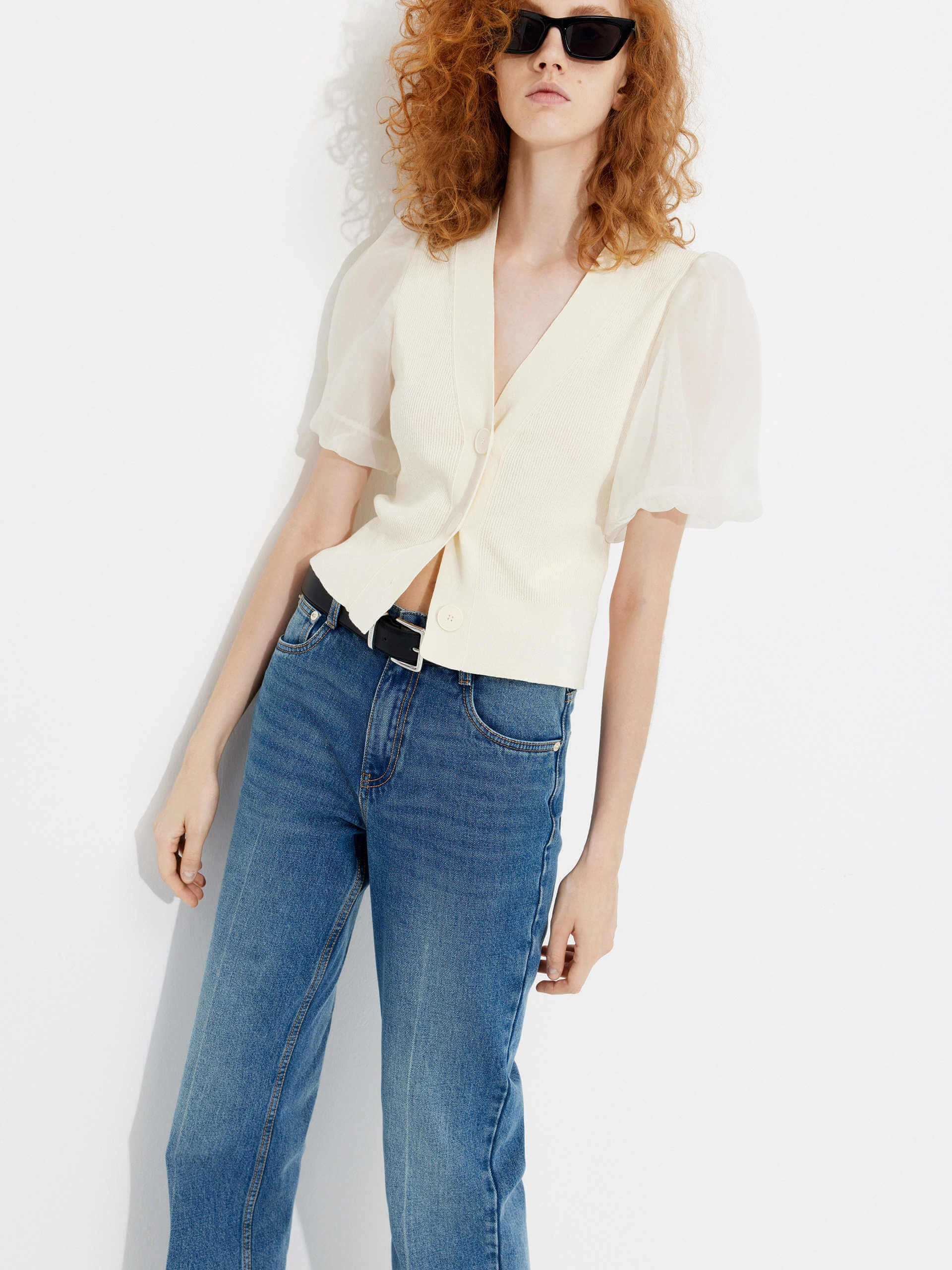 Cotton Blend Crop Knitted Cardigan All Weather Performance Fabric