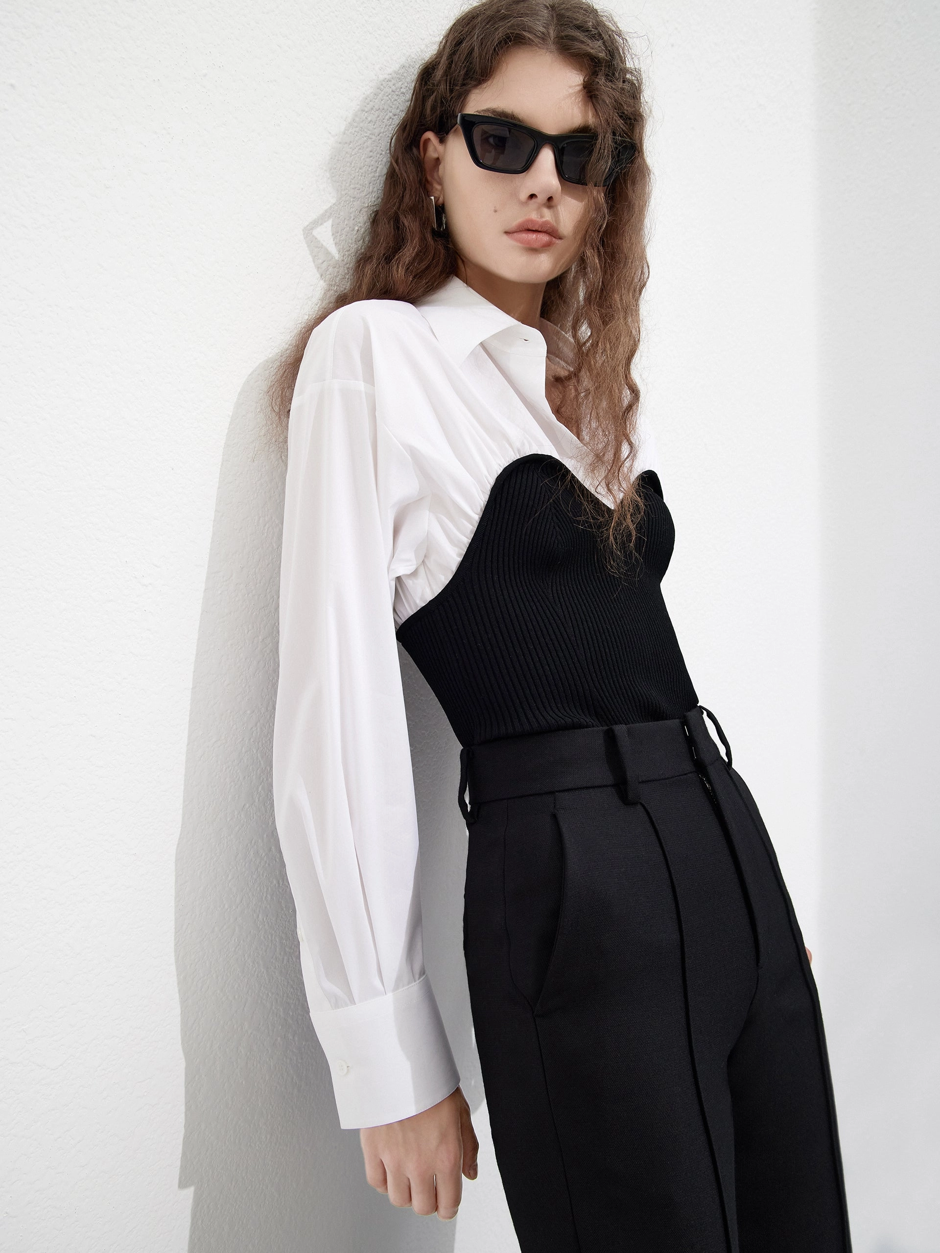 Non Closure Collar Cotton Blend Panelled Knit Shirt
