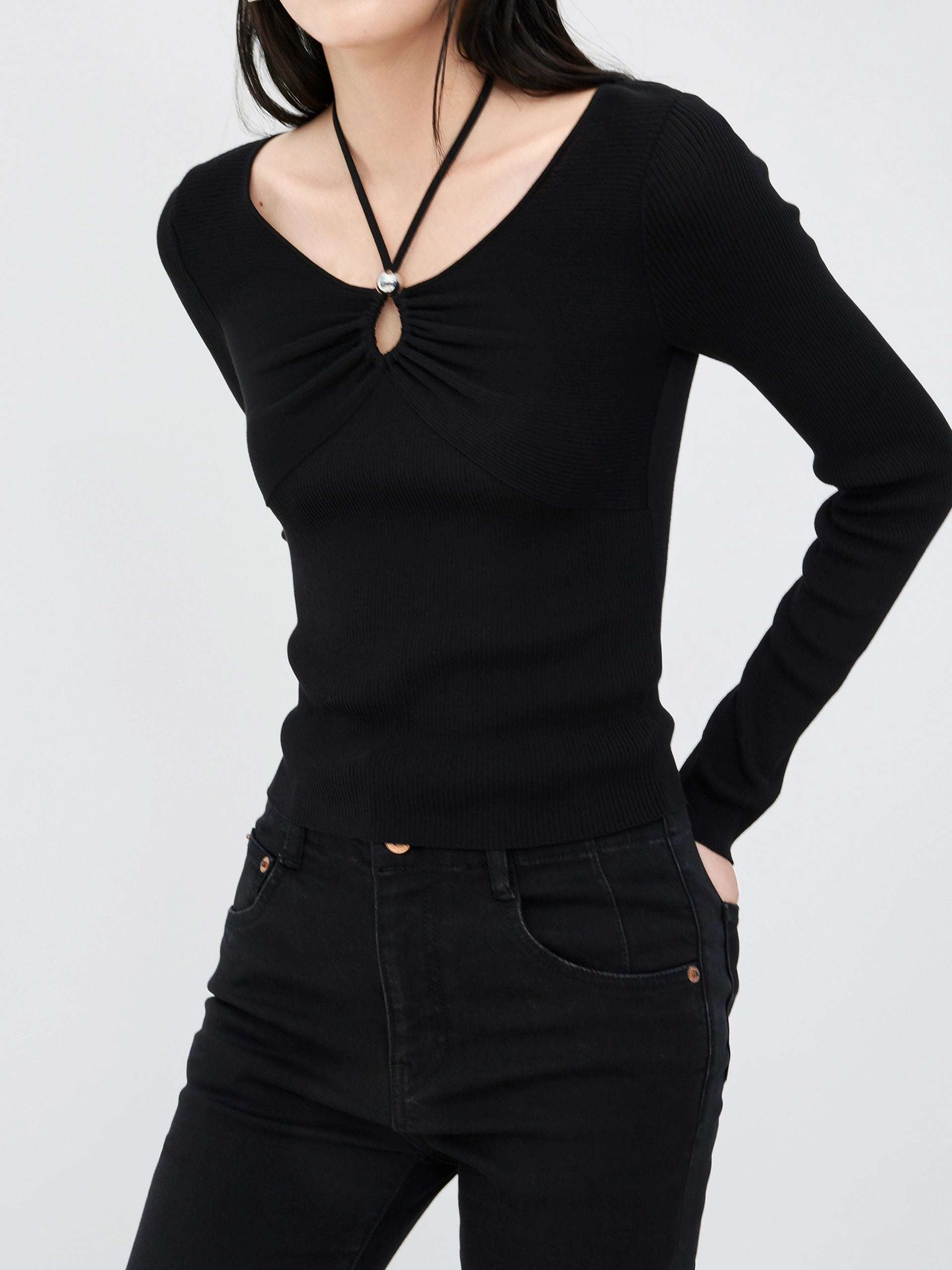 Water Repellent Finish Cotton Blend Ribbed Knit Top