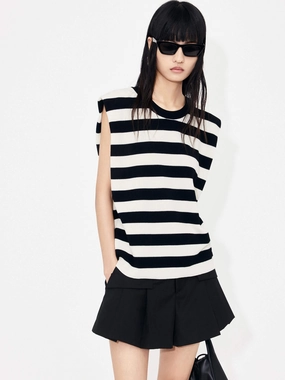 Structured Shoulder Cotton Blend Stripe Top