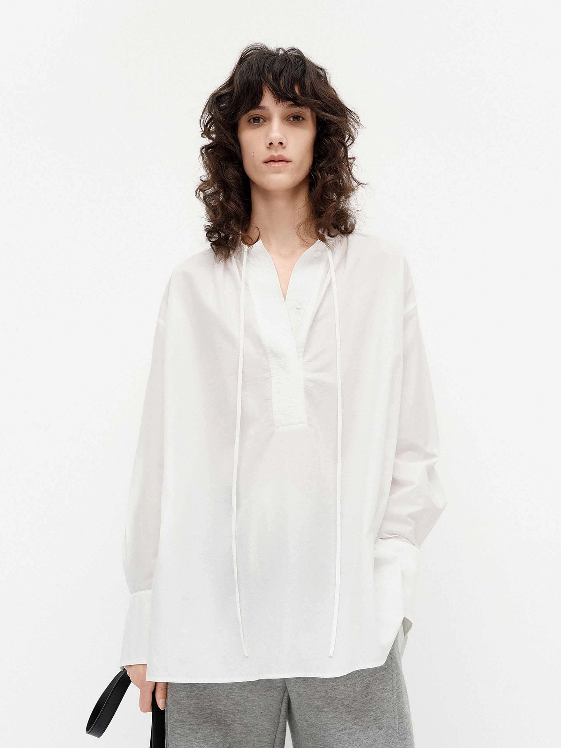 Non Restrictive Armhole Cut Cotton Blend Tie Blouse