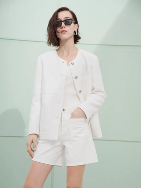 Ergonomic Shoulder Cut Cotton Blend Tweed Jacket