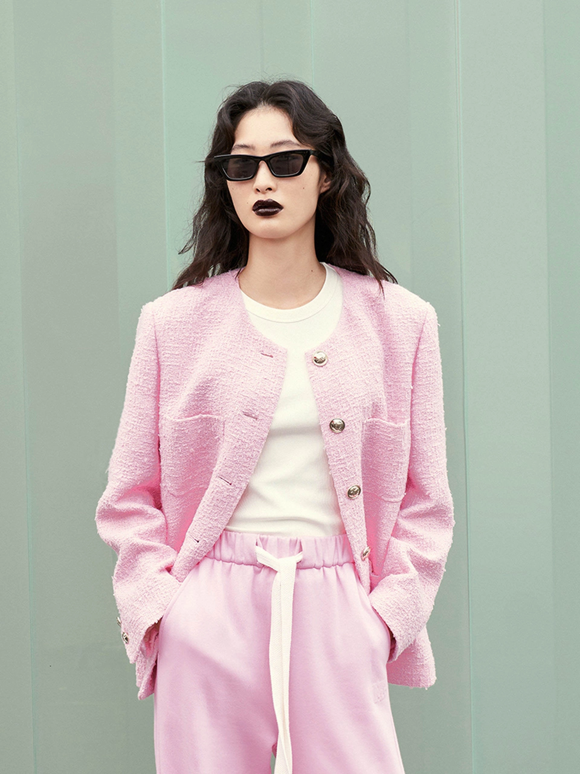 Hypoallergenic Fibers Outer Chill Piece Cotton Blend Tweed Jacket