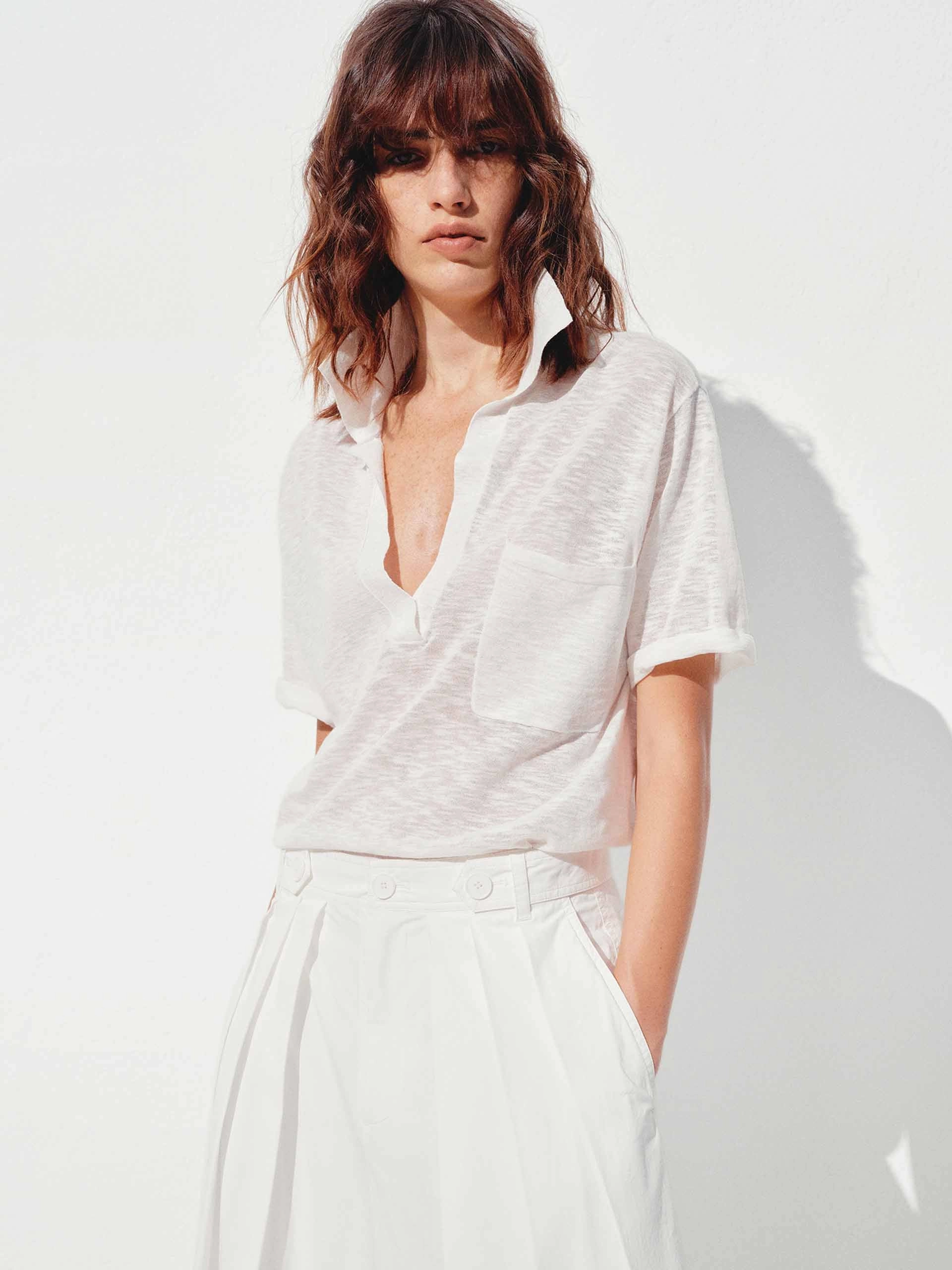 PreWashed Double Layered Hem Cotton Blend V-neck Top