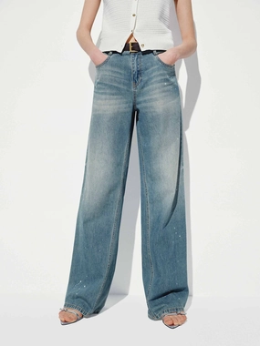 Versatile Relaxed Style Cotton Ink-splashed Jeans
