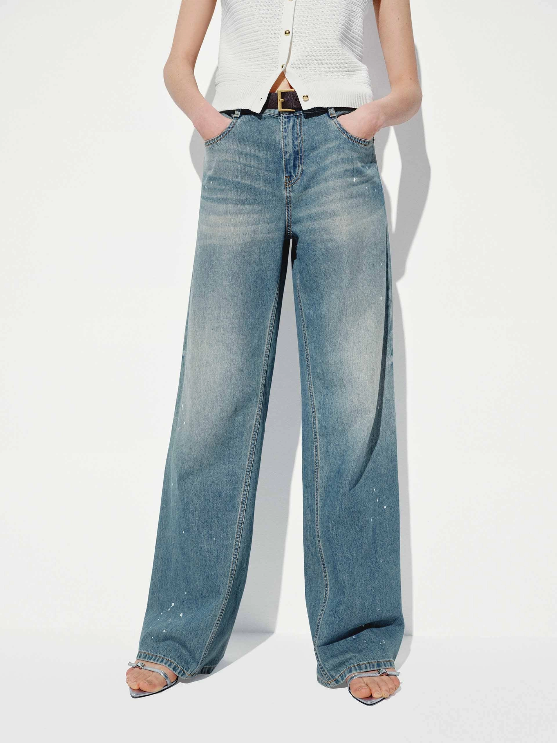 Cotton Ink-splashed Jeans Brushed Interior Bold Earthy