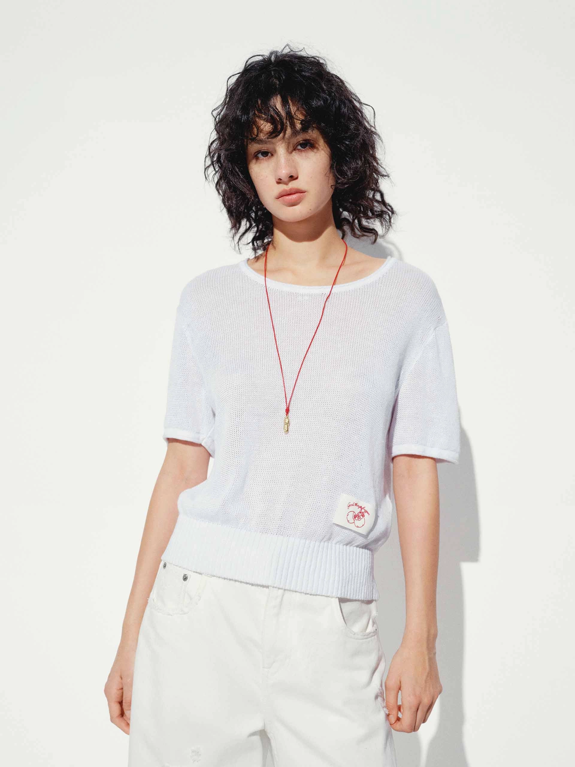 Fitted Blouse VNeckReinforcement Cotton Linen Knitted Top