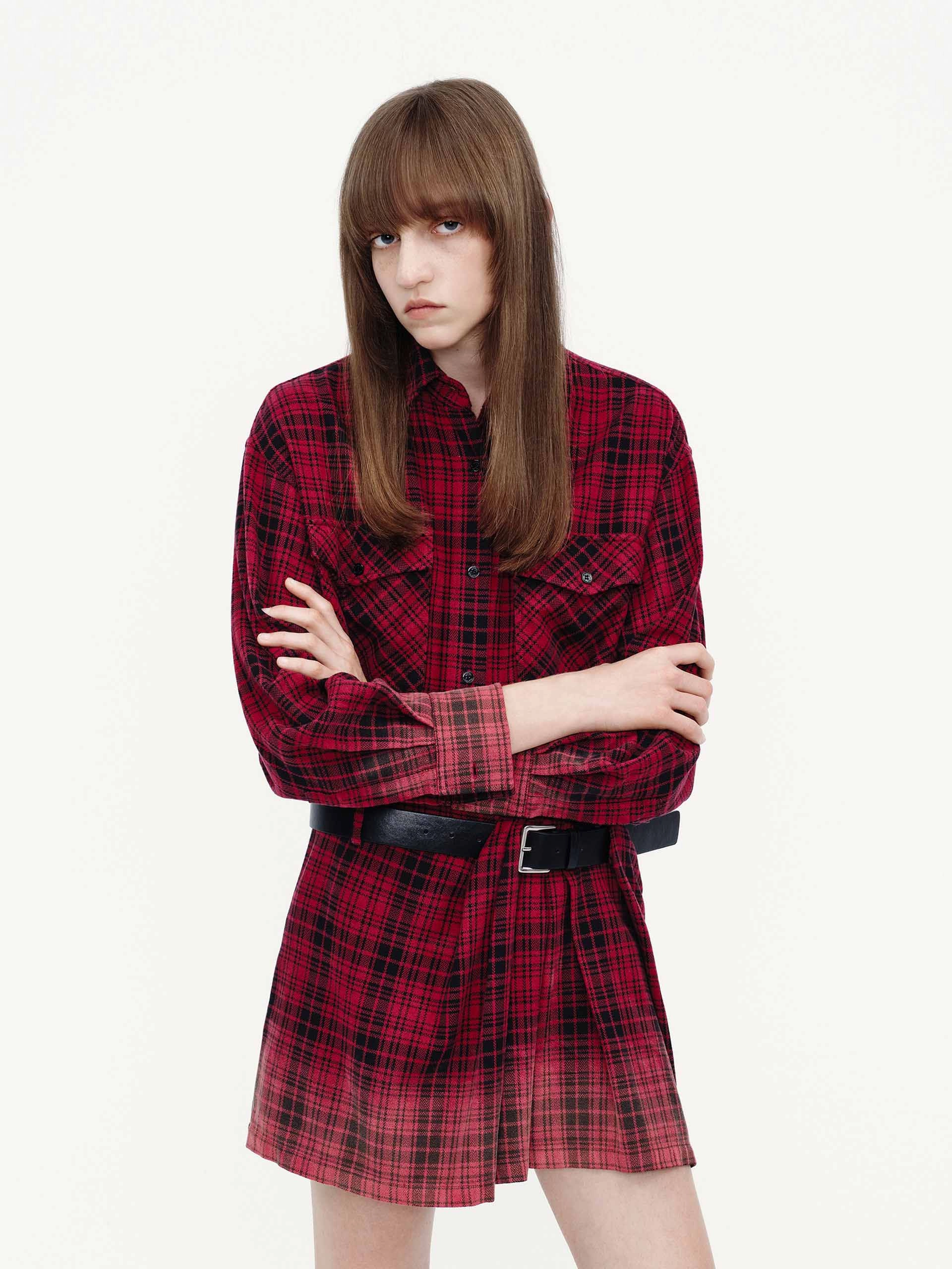 Cotton Plaid Shirt Dress Open Design All Fit Style