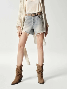 Cotton Raw Hem Denim Shorts Adjustable Fit