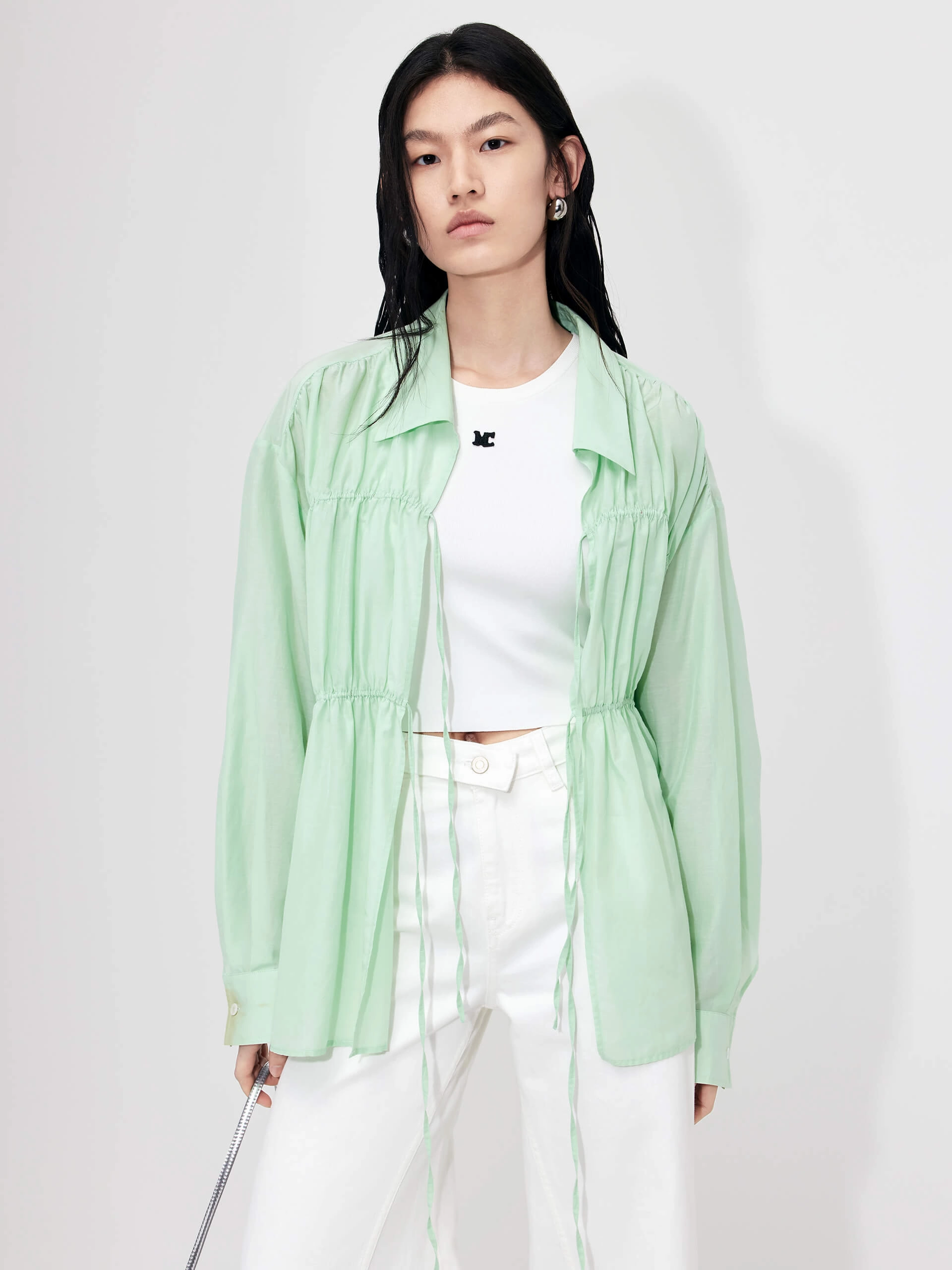Cotton Silk Blend Cutout Shirt YarnDyeStripe Flexible Ribbing