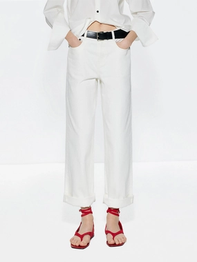 Adjustable Belt Loops Cotton White Straight Jeans