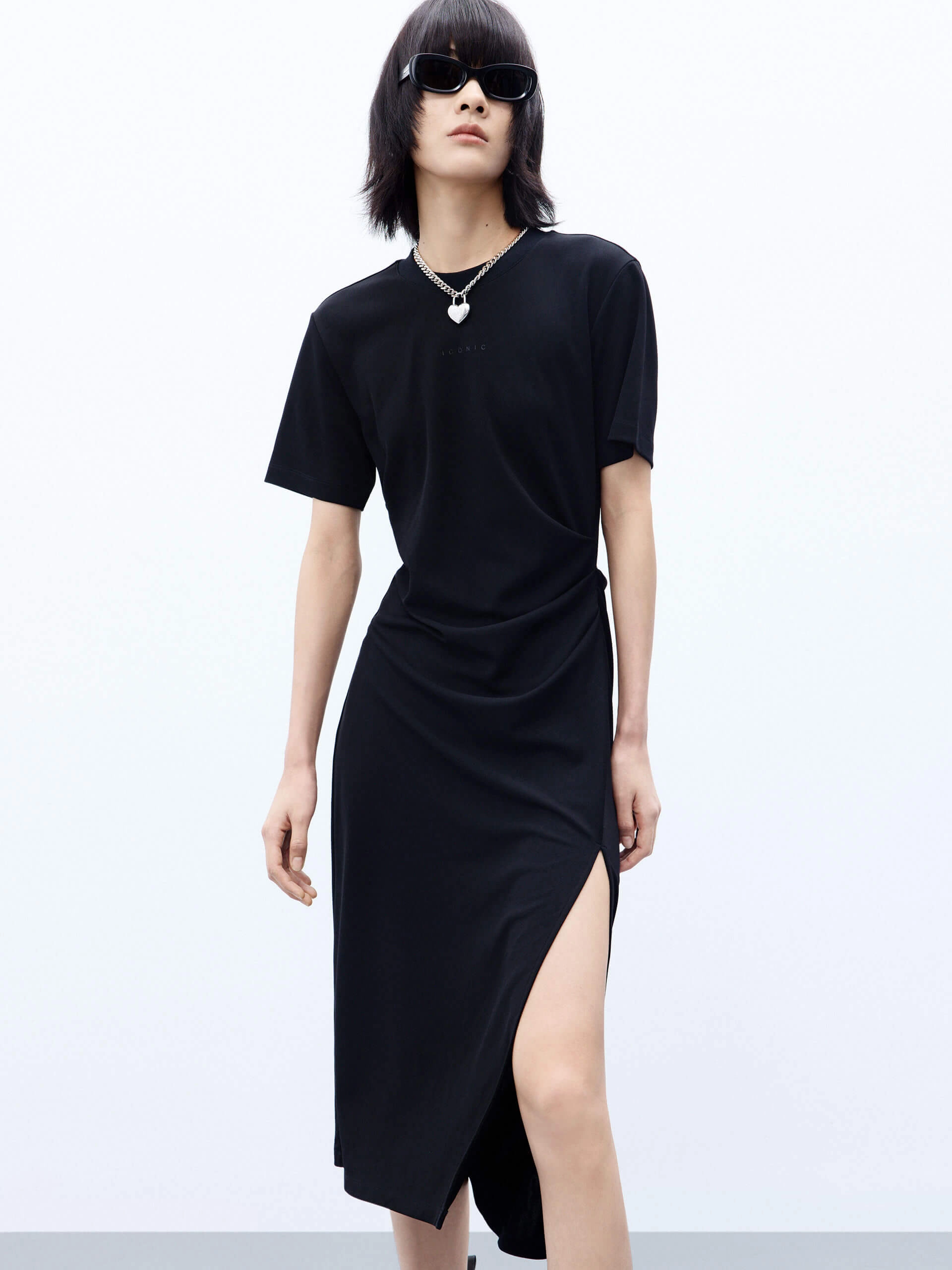 Printed-Fabric Front Ruffle Side Slit Midi Dress