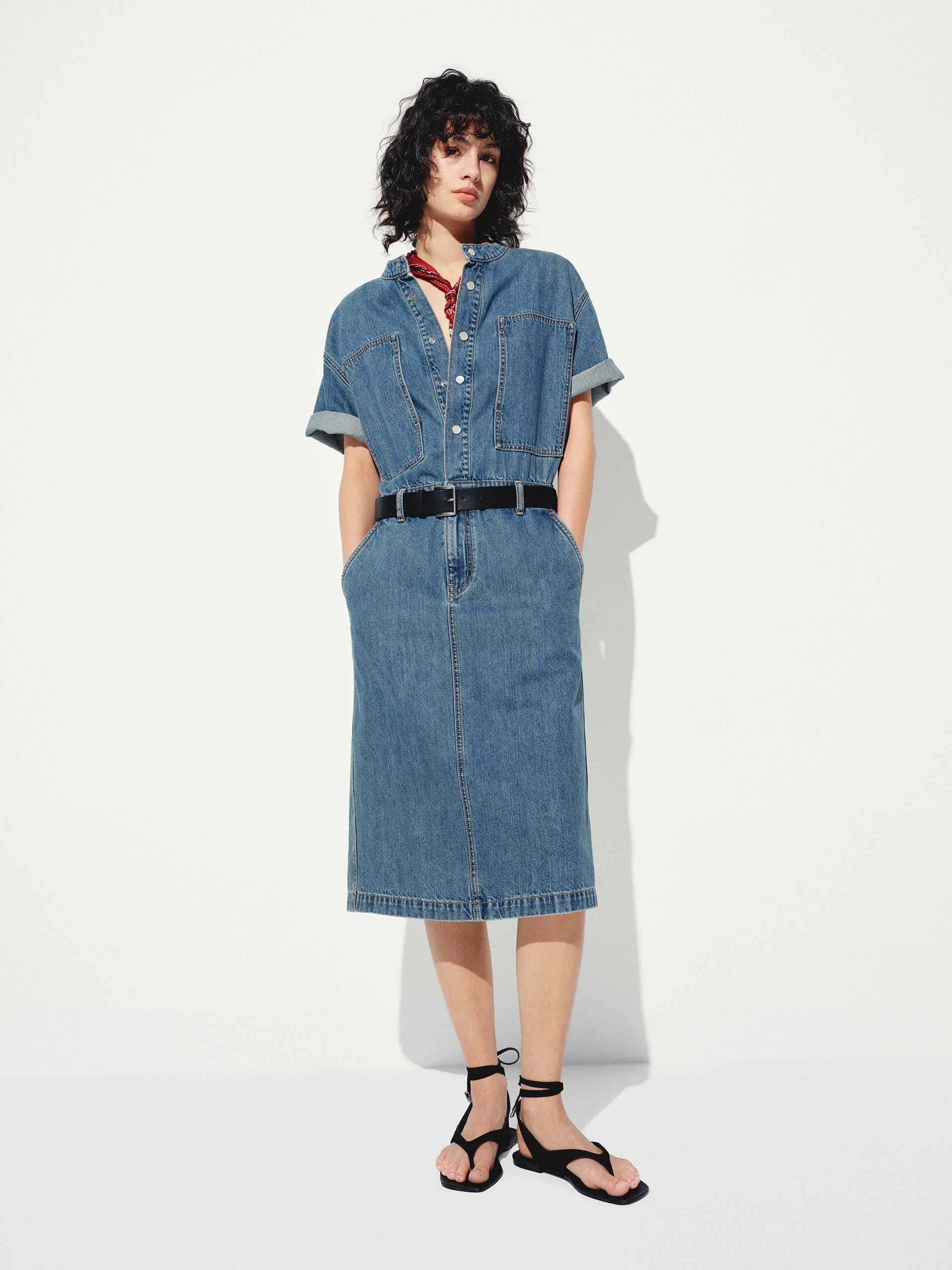 Straight Cut Denim Midi Dress All Time Fit Basic Fashion