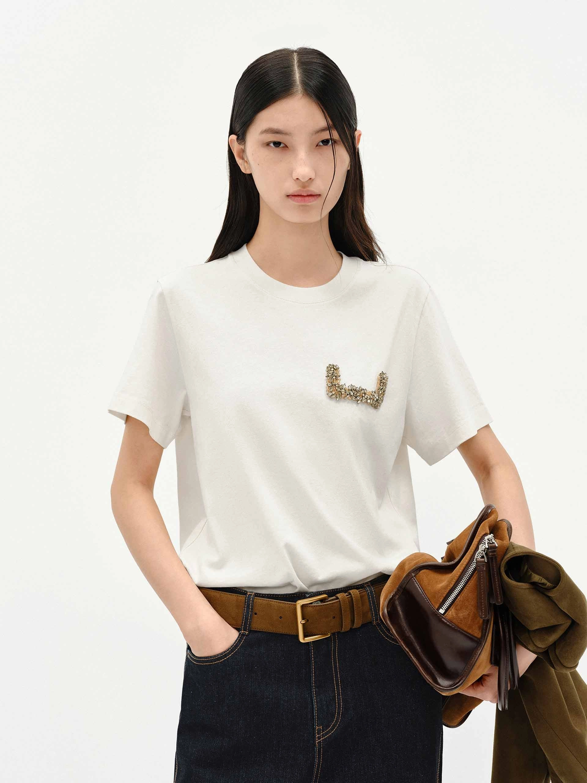 Crystal Detail Cotton T-shirt Fashionable Look