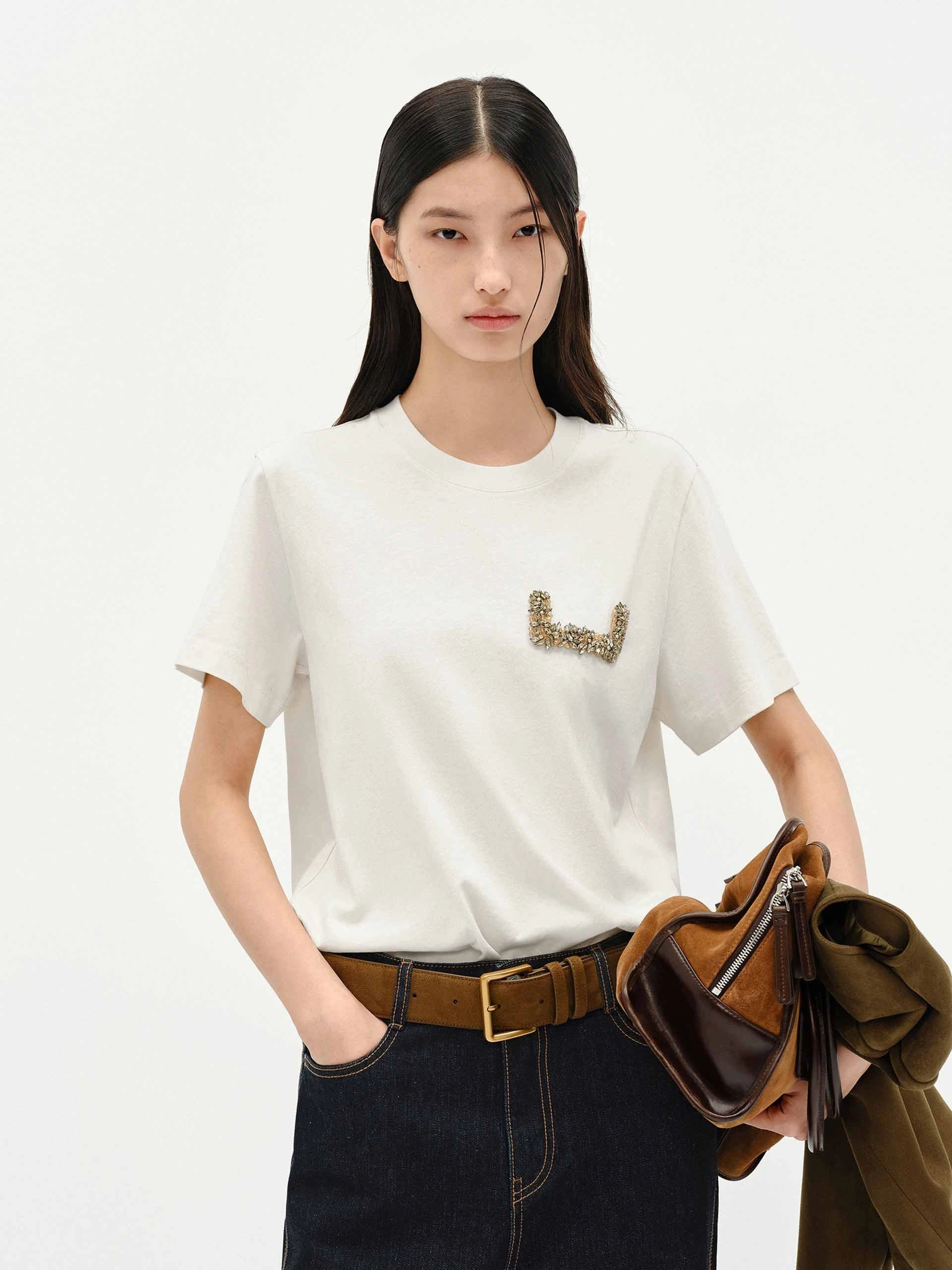 Abrasion Resistant Fabric Crystal Detail Cotton T-shirt