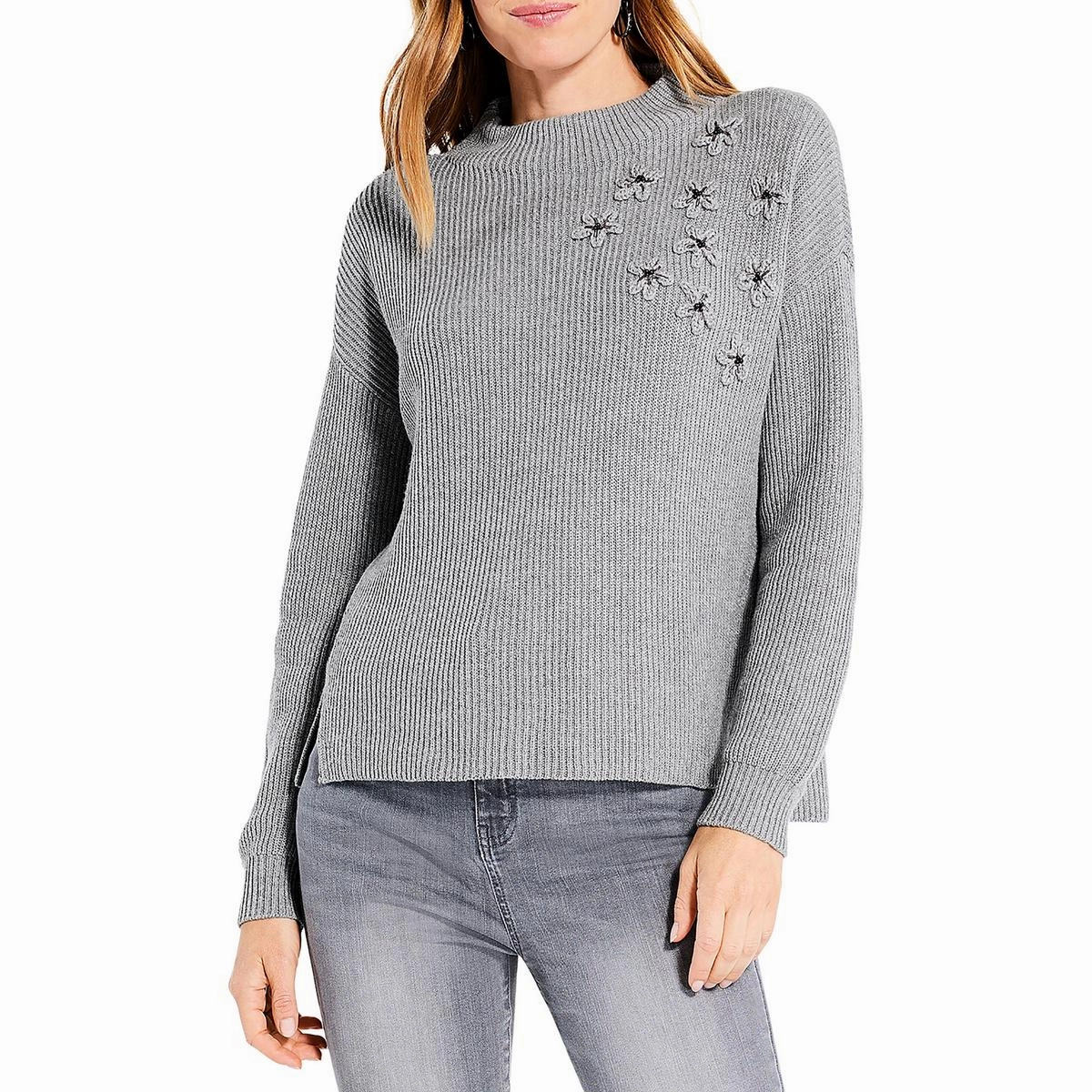Vintage Wash Finish Cozy Knit Style Womens Applique Ribbed Knit Pullover Sweater