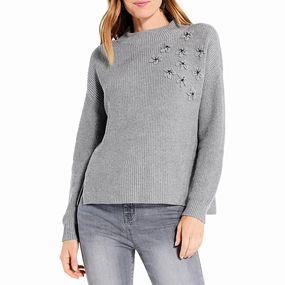 Vintage Wash Finish Cozy Knit Style Womens Applique Ribbed Knit Pullover Sweater