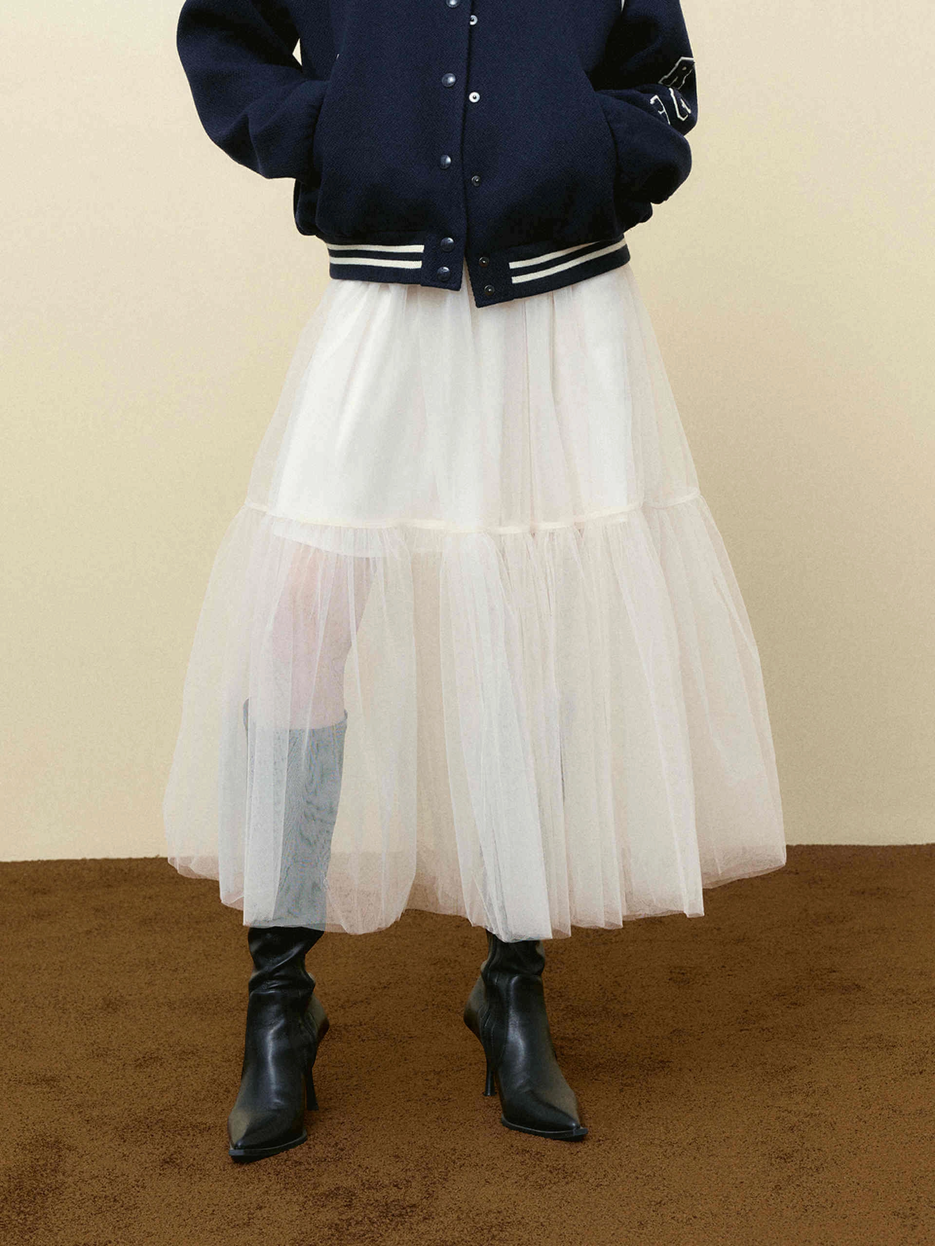 ThermalInsulation Elastic Tulle Midi Skirt