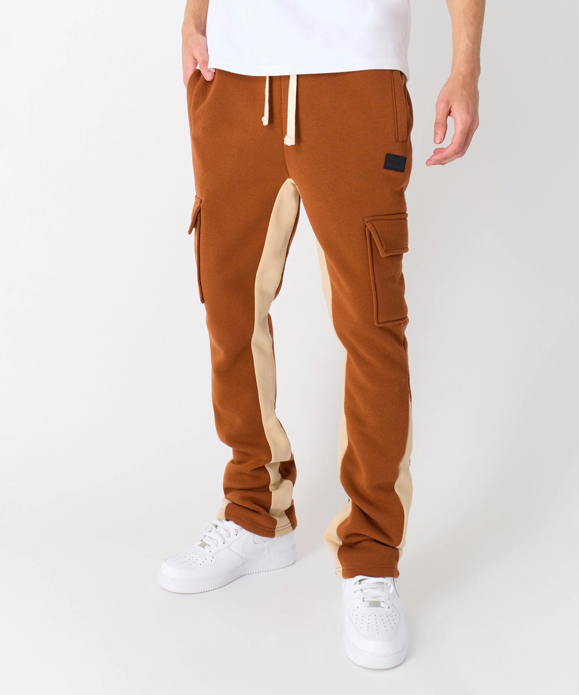 Twill Weave Texture Flare Stacked Fleece Sweatpants - Brown