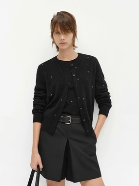 Eco Friendly Blend Layered Shoulder Crew Neck Crystal Cardigan