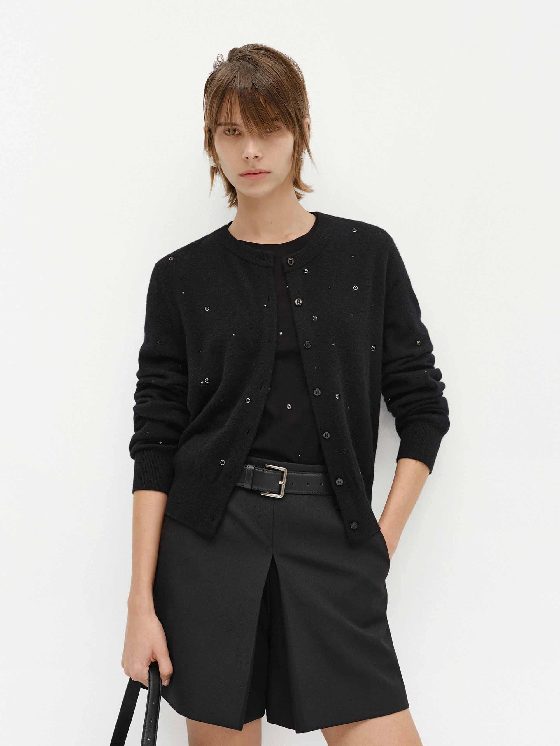 Eco Friendly Blend Layered Shoulder Crew Neck Crystal Cardigan