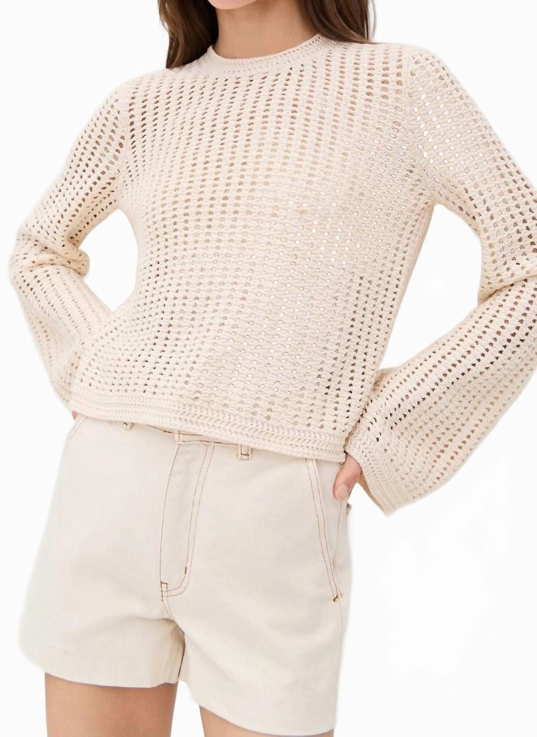 Crochet Bell Sweater In Alabaster Stretch Knit Technology