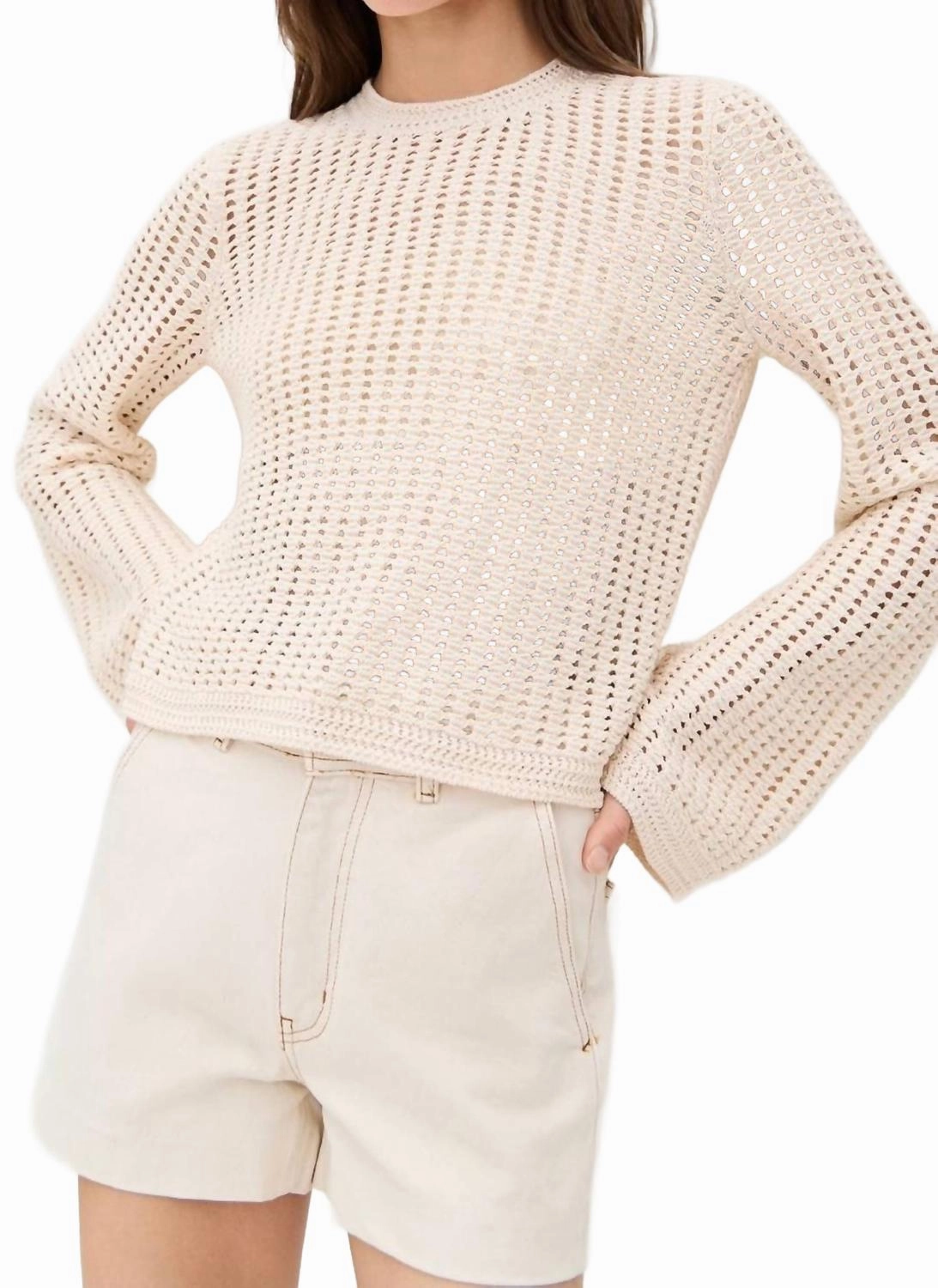 Microfiber Insulation Durable Construction Crochet Bell Sweater In Alabaster