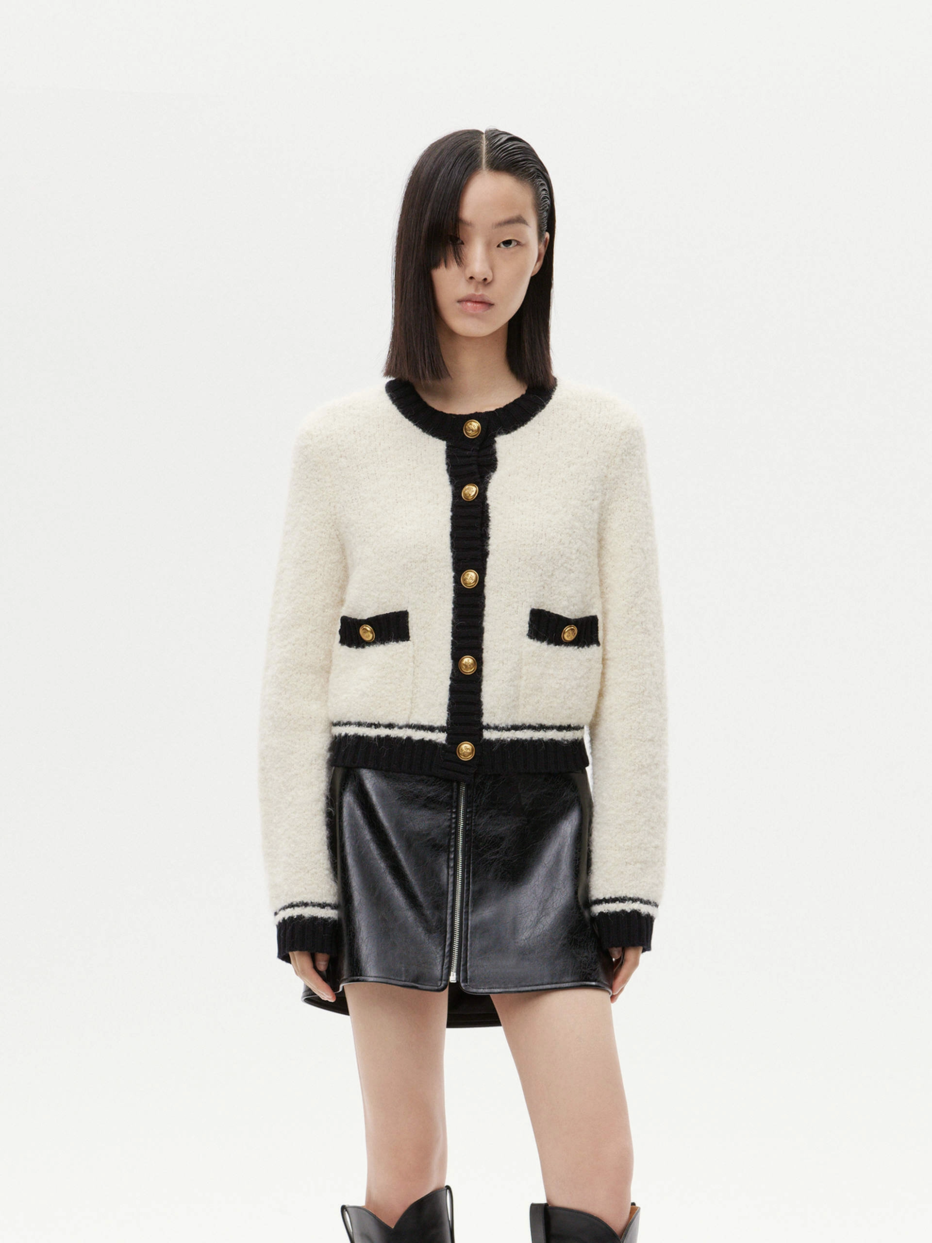 NonSlip Grip Tape Cropped Boucle Knit Cardigan