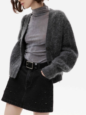 Cropped Brushed Knit Cardigan Thermal Regulation Technology StretchKnit